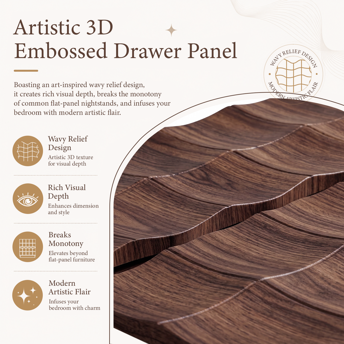 Brafabhome Fast Charing Nightstands with 2 Drawers, Wooden Bedside Table with Artistic 3D Embossed Panel, Farmhouse Night Stand with Storage for Bedroom