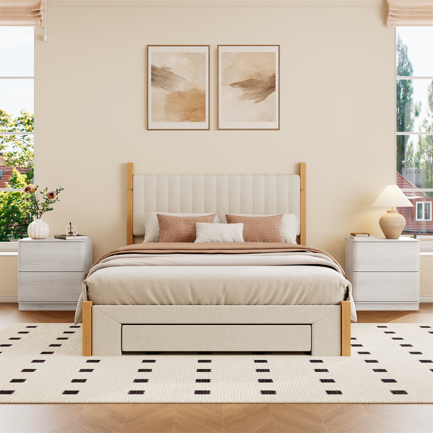 Brafabhome Wood Nightstands with 2 Drawers, Curved Profile Night Stand with Push to Open Drawer, Modern Bedside Tables with Storage for Bedroom