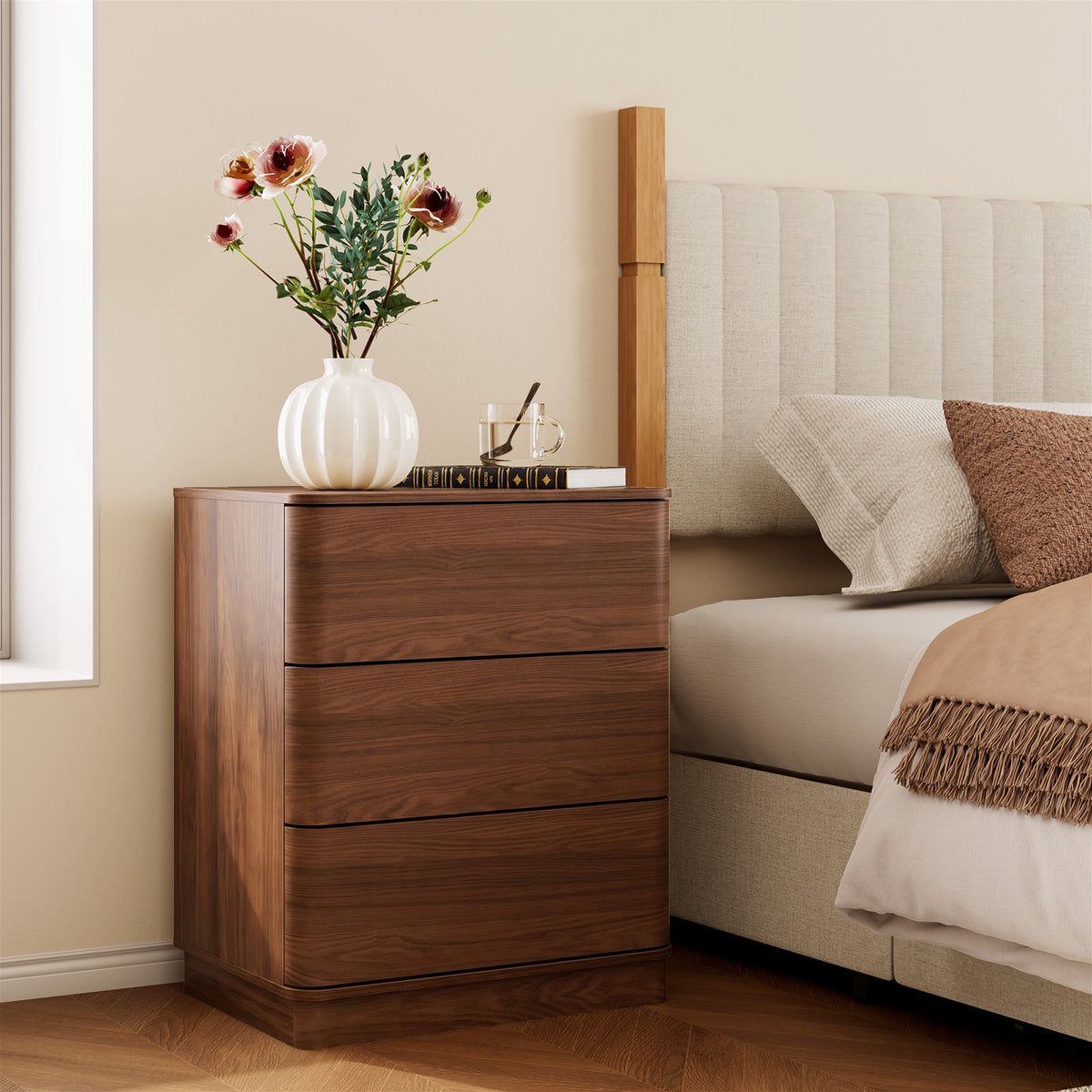 Brafabhome Wood Nightstands with 3 Drawers, Curved Profile Night Stand with Push to Open Drawer, Modern Bedside Tables with Storage for Bedroom