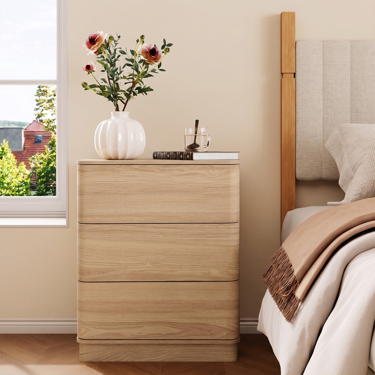 Brafabhome Wood Nightstands with 3 Drawers, Curved Profile Night Stand with Push to Open Drawer, Modern Bedside Tables with Storage for Bedroom
