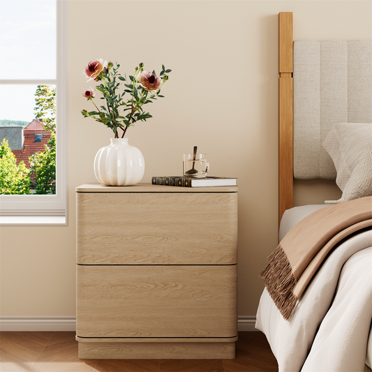 Brafabhome Wood Nightstands with 2 Drawers, Curved Profile Night Stand with Push to Open Drawer, Modern Bedside Tables with Storage for Bedroom