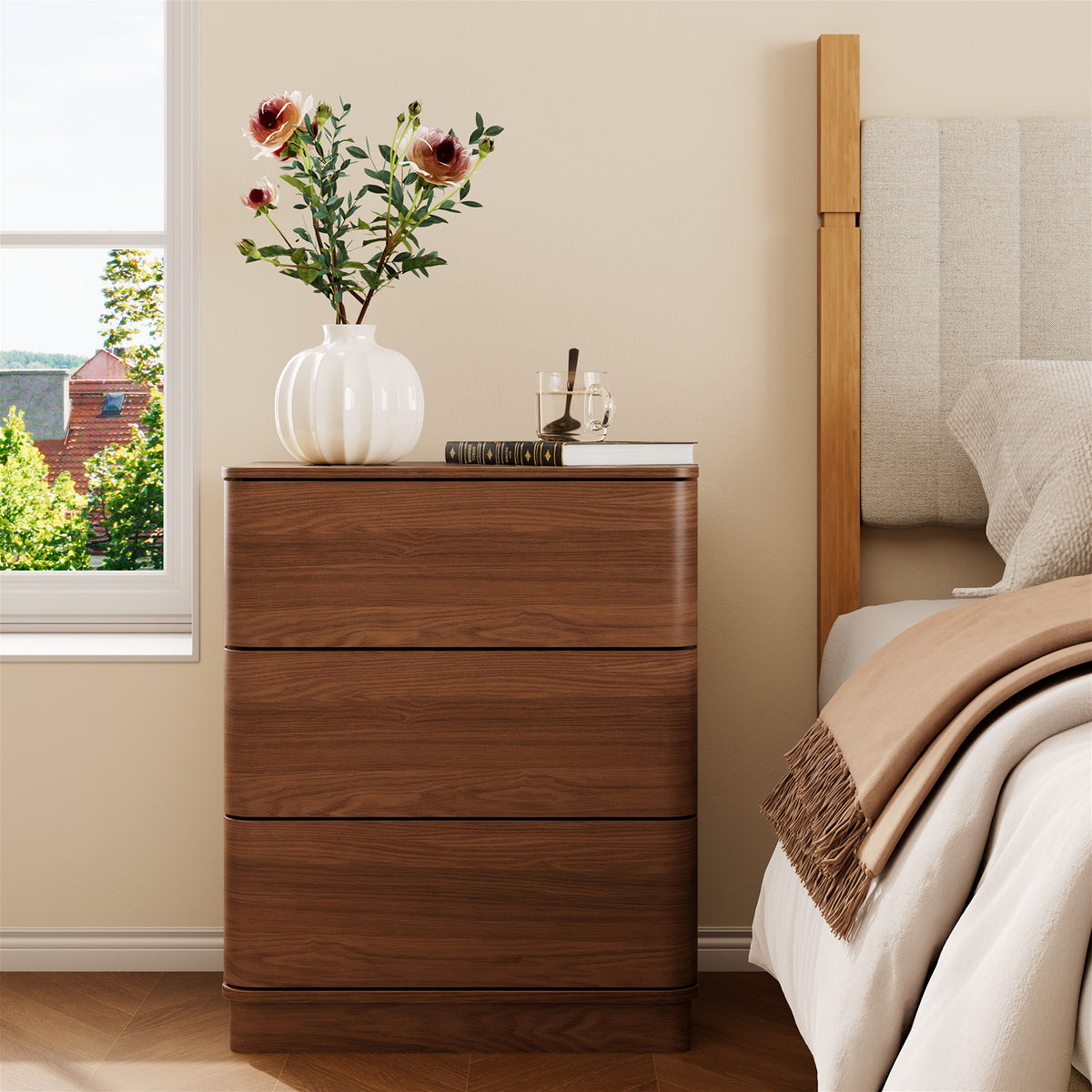 Brafabhome Wood Nightstands with 3 Drawers, Curved Profile Night Stand with Push to Open Drawer, Modern Bedside Tables with Storage for Bedroom