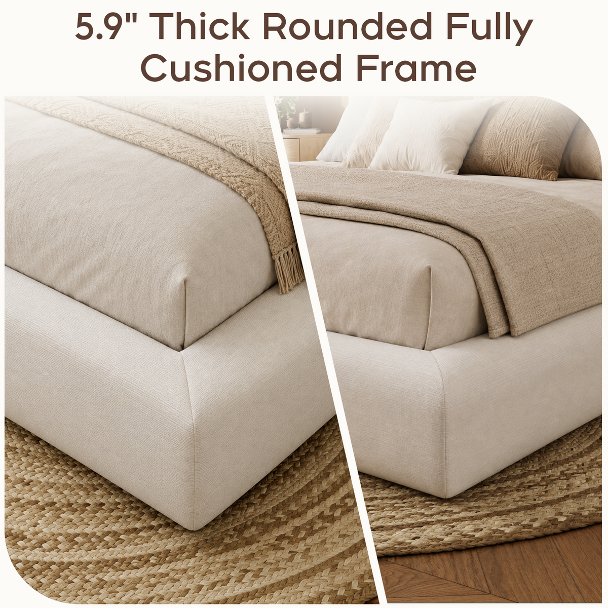 Brafabhome AirFrame Bed Frame with 5.9" Thick Headboard, Cloud Upholstered Platform Bed Frame with 5.9" Thick Upholstered Foam Frame, No Box Spring Needed, Easy Assembly