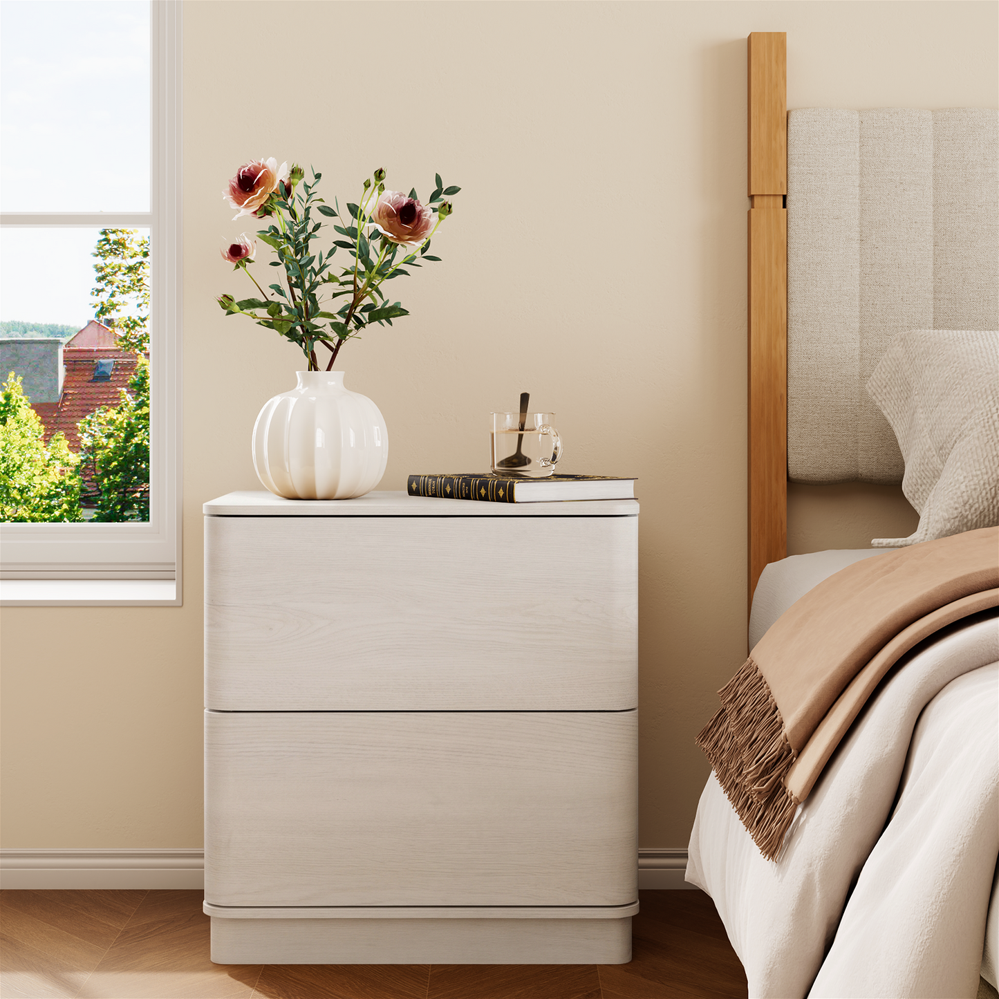 Brafabhome Wood Nightstands with 2 Drawers, Curved Profile Night Stand with Push to Open Drawer, Modern Bedside Tables with Storage for Bedroom