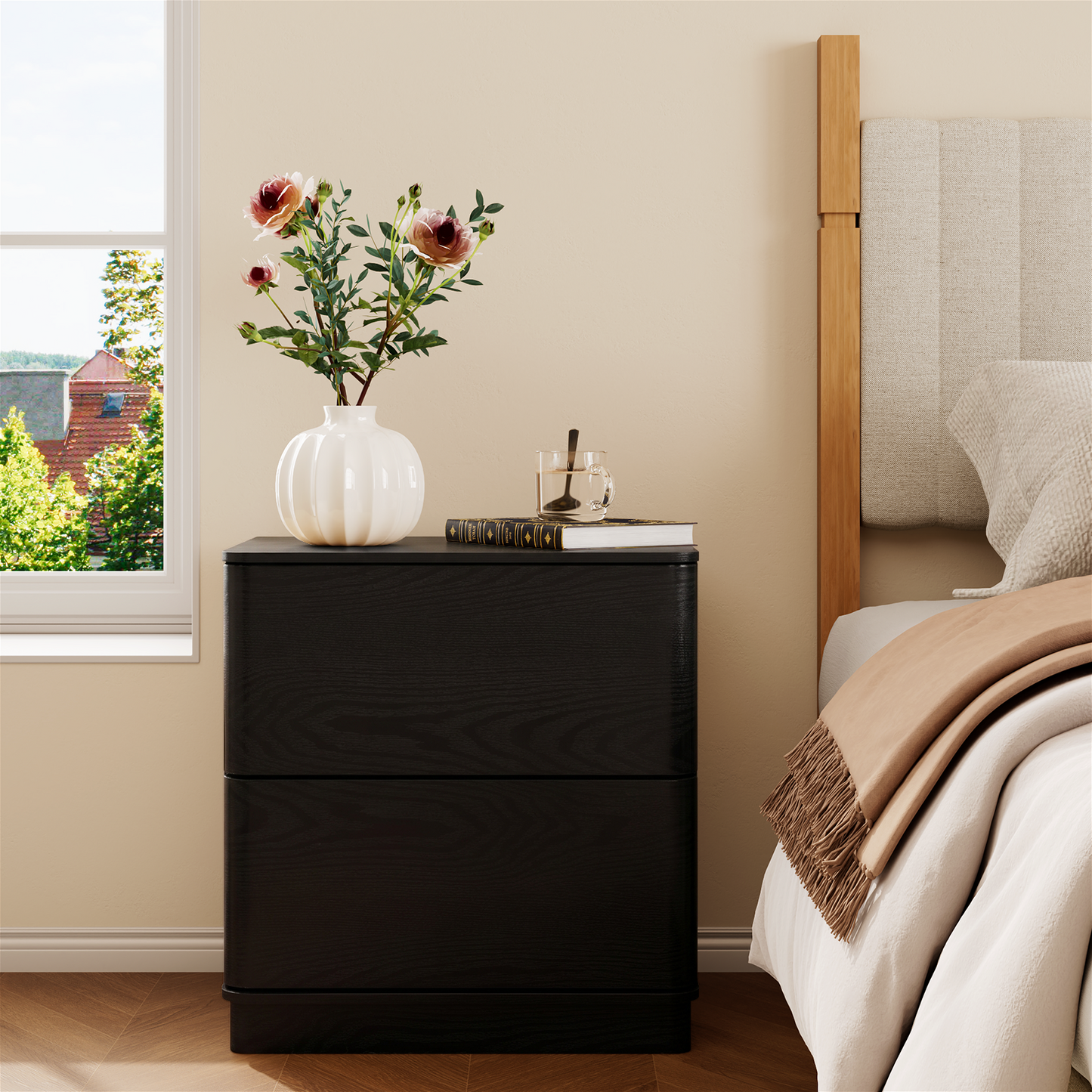 Brafabhome Wood Nightstands with 2 Drawers, Curved Profile Night Stand with Push to Open Drawer, Modern Bedside Tables with Storage for Bedroom