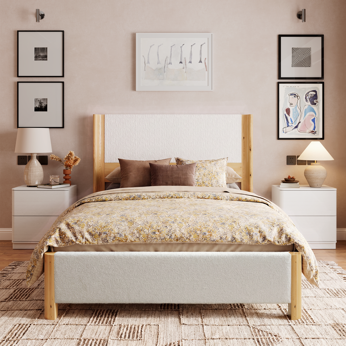 Brafabhome Queen Bed Frame with Solid Wood Curved Wingback, Modern Upholstered Platform Bed with 51'' Tall Headboard, No Box Spring Needed, White
