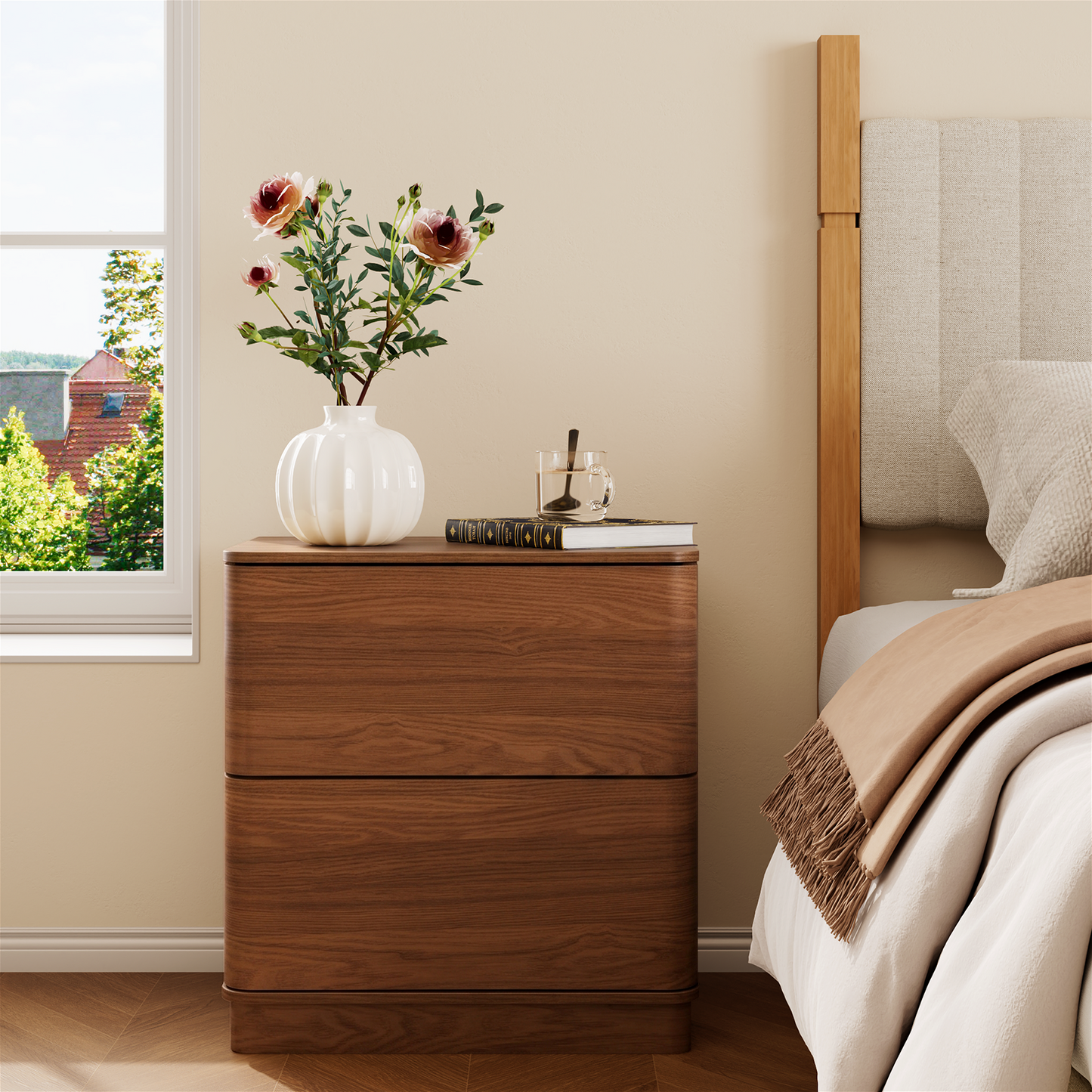 Brafabhome Wood Nightstands with 2 Drawers, Curved Profile Night Stand with Push to Open Drawer, Modern Bedside Tables with Storage for Bedroom
