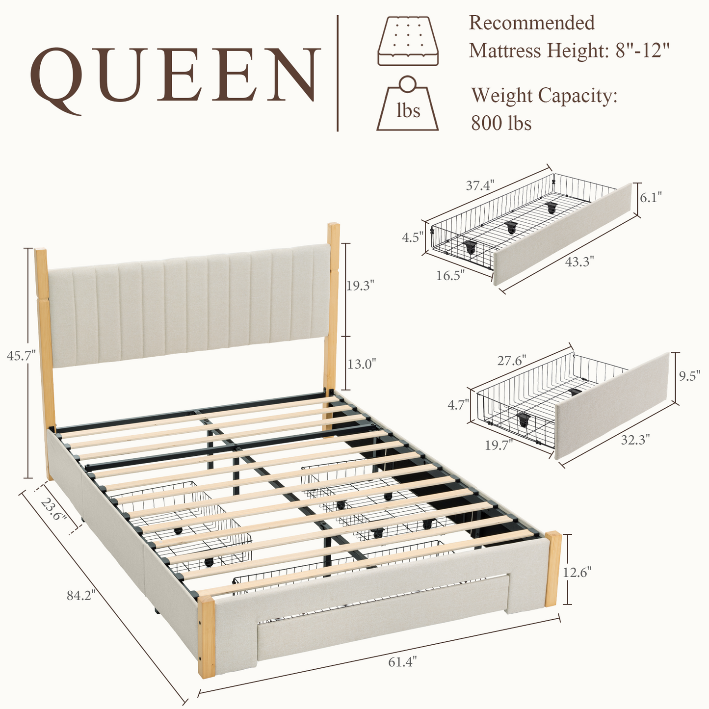 Brafabhome Queen Bed Frame with Upholstered Headboard, Modern Wood Platform Bed Frame with 3 Storage Drawers, No Box Spring Needed, Beige Linen