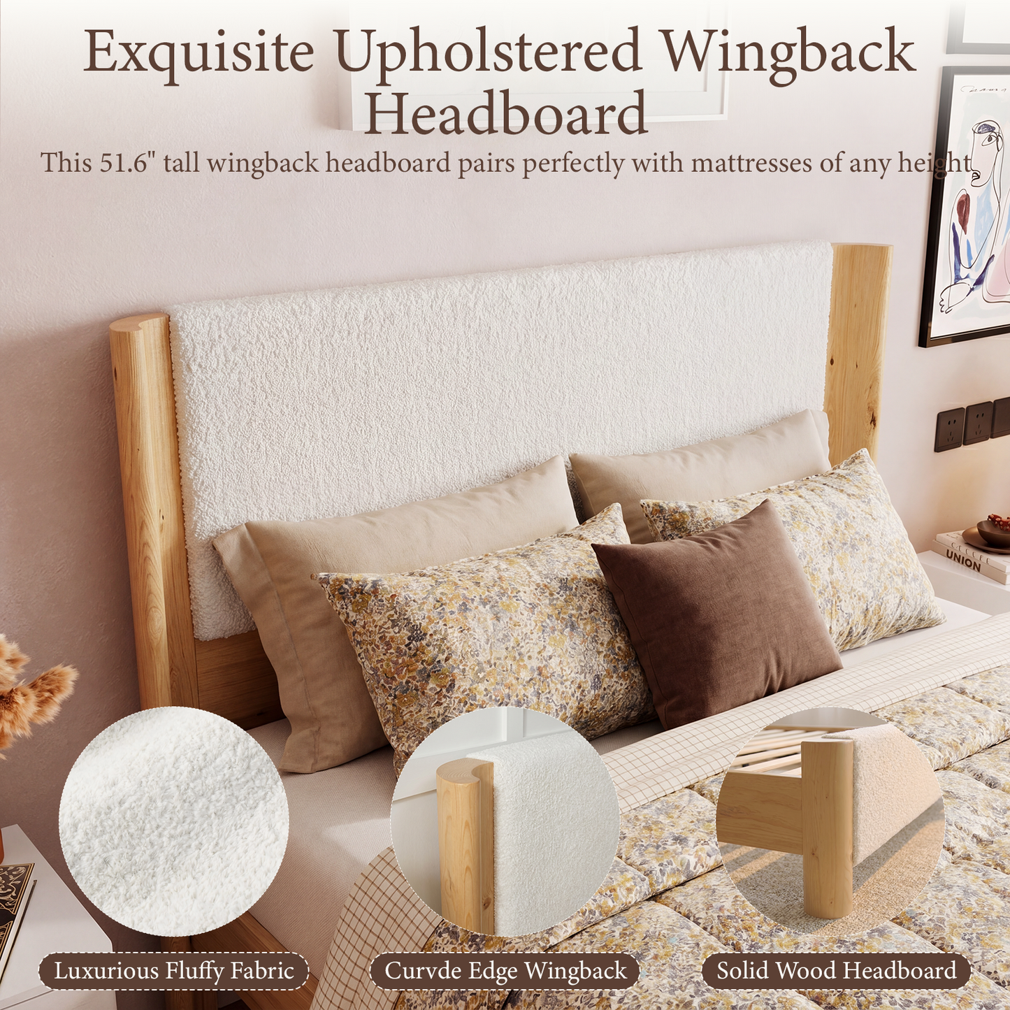 Brafabhome Queen Bed Frame with Solid Wood Curved Wingback, Modern Upholstered Platform Bed with 51'' Tall Headboard, No Box Spring Needed, White