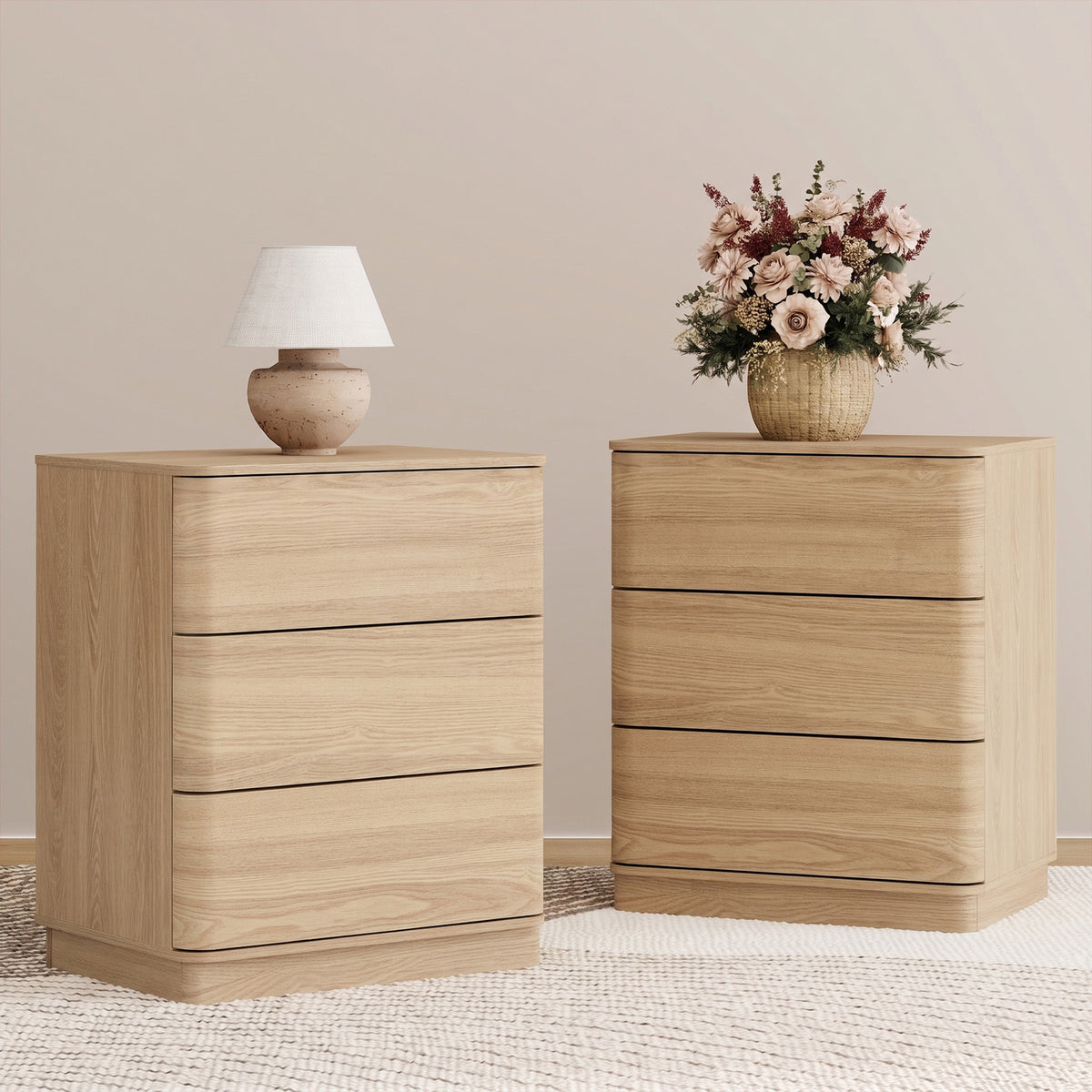 Brafabhome Wood Nightstands with 3 Drawers, Curved Profile Night Stand with Push to Open Drawer, Modern Bedside Tables with Storage for Bedroom