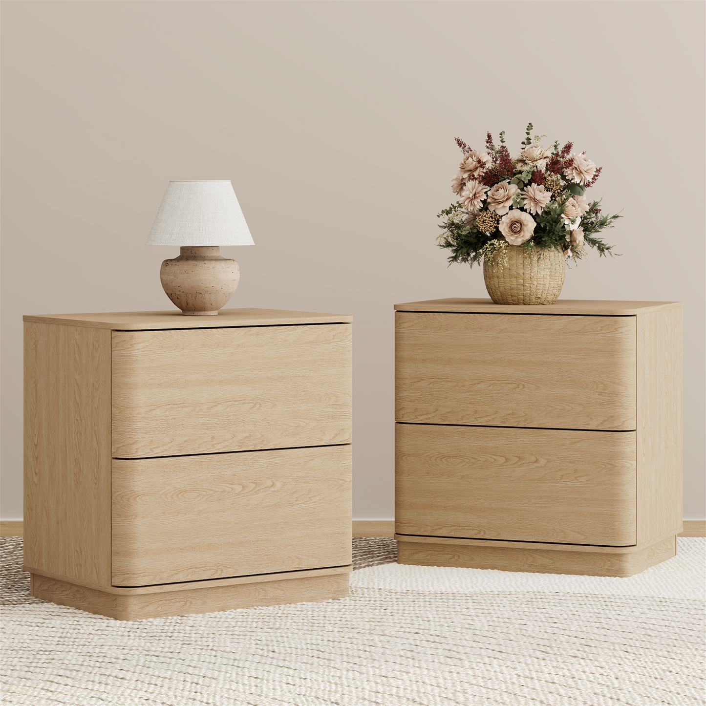 Brafabhome Wood Nightstands with 2 Drawers, Curved Profile Night Stand with Push to Open Drawer, Modern Bedside Tables with Storage for Bedroom