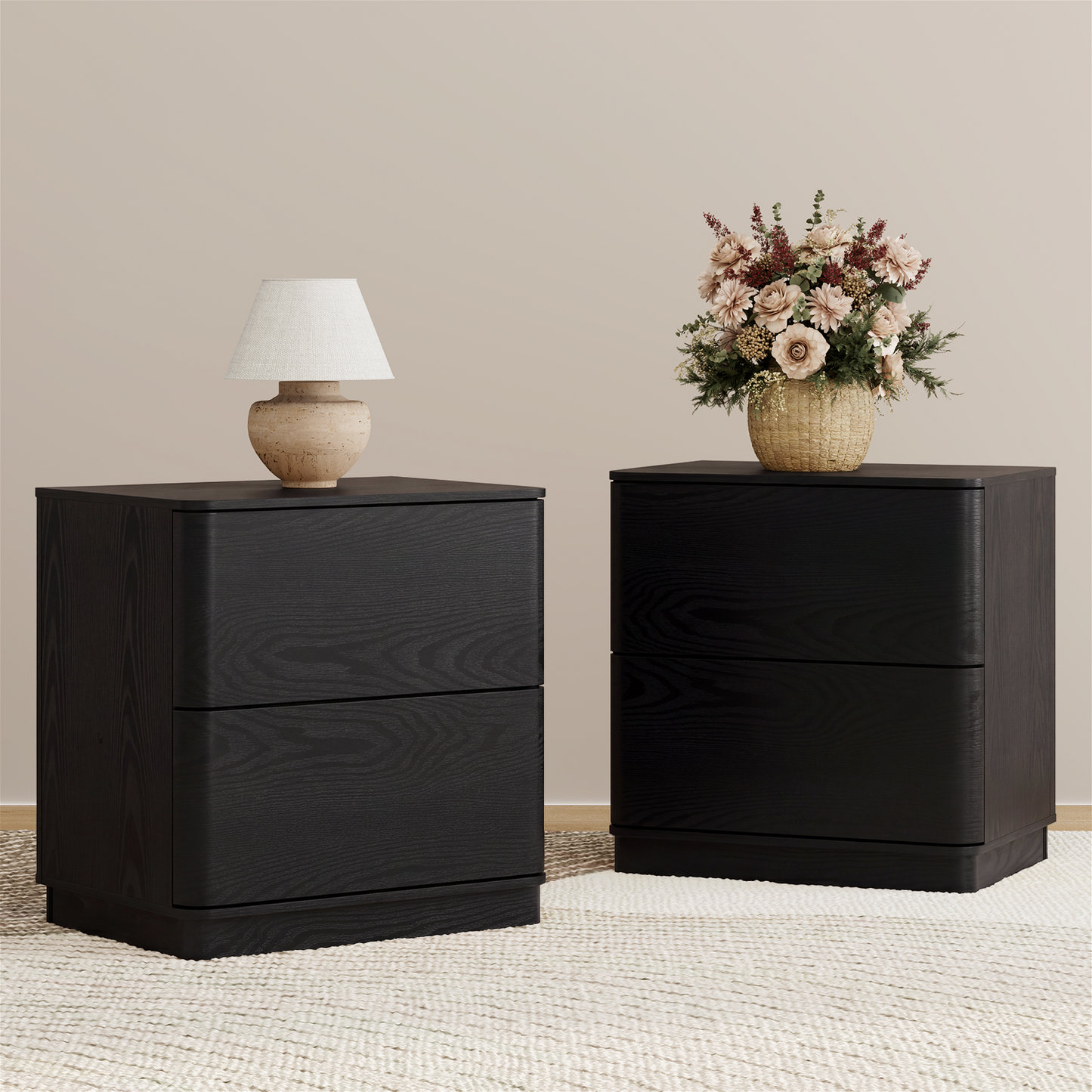 Brafabhome Wood Nightstands with 2 Drawers, Curved Profile Night Stand with Push to Open Drawer, Modern Bedside Tables with Storage for Bedroom