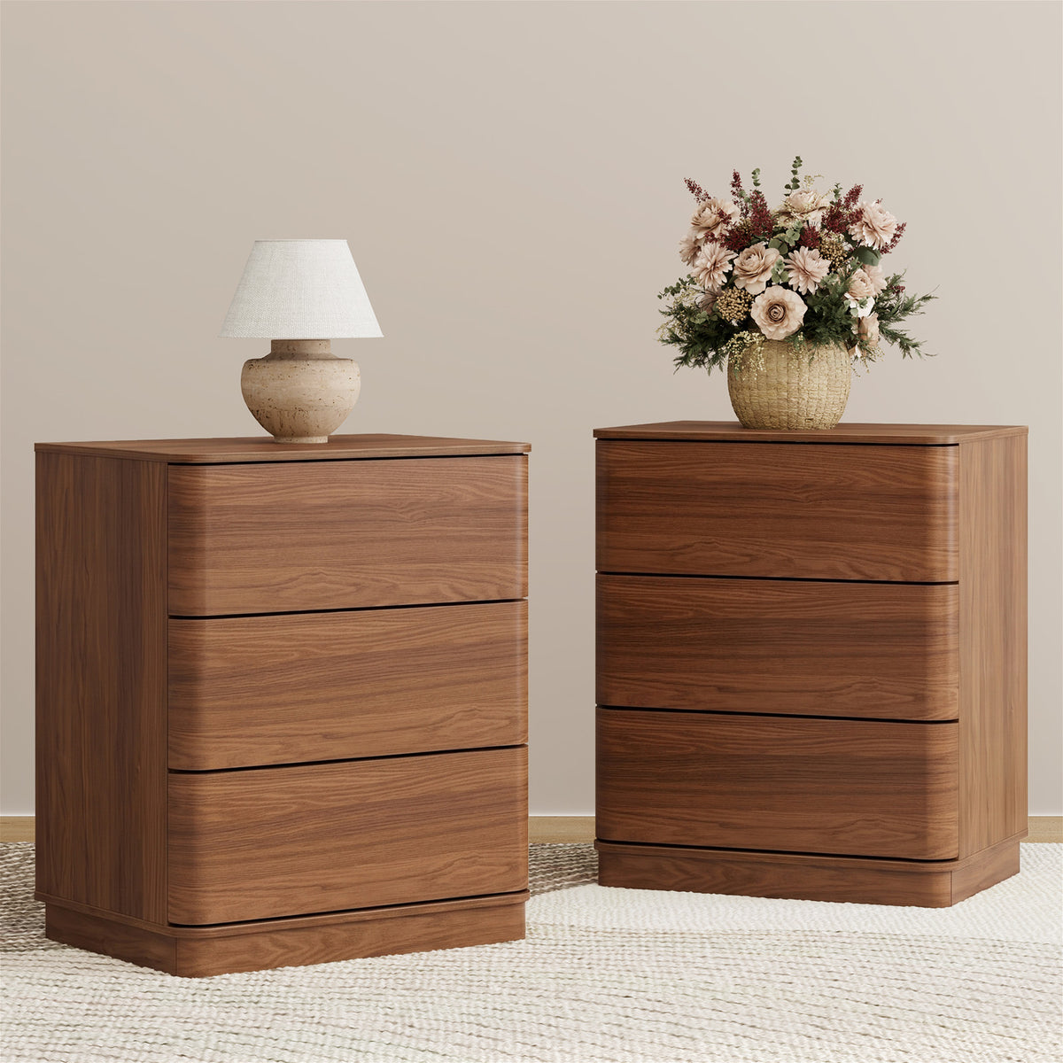 Brafabhome Wood Nightstands with 3 Drawers, Curved Profile Night Stand with Push to Open Drawer, Modern Bedside Tables with Storage for Bedroom
