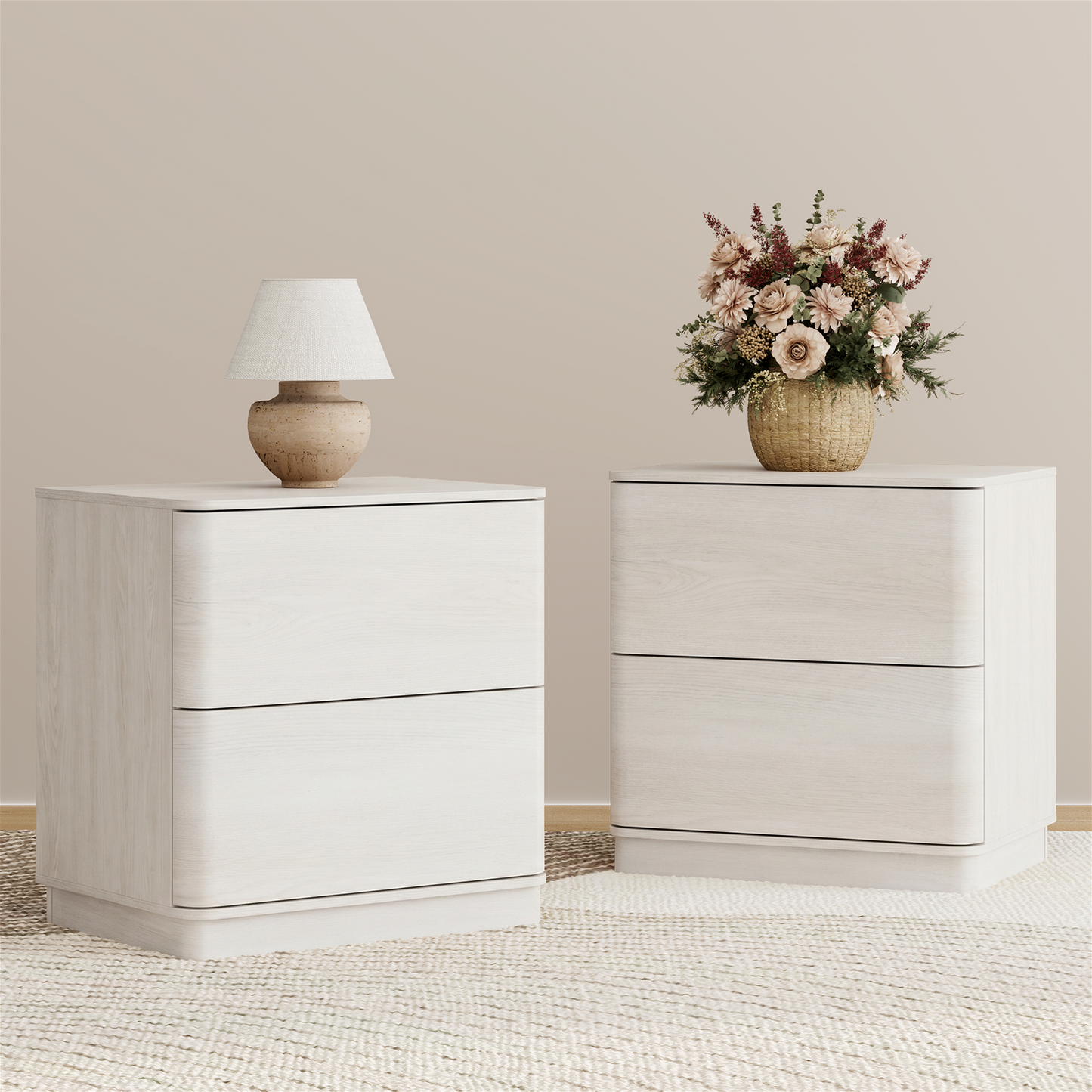 Brafabhome Wood Nightstands with 2 Drawers, Curved Profile Night Stand with Push to Open Drawer, Modern Bedside Tables with Storage for Bedroom