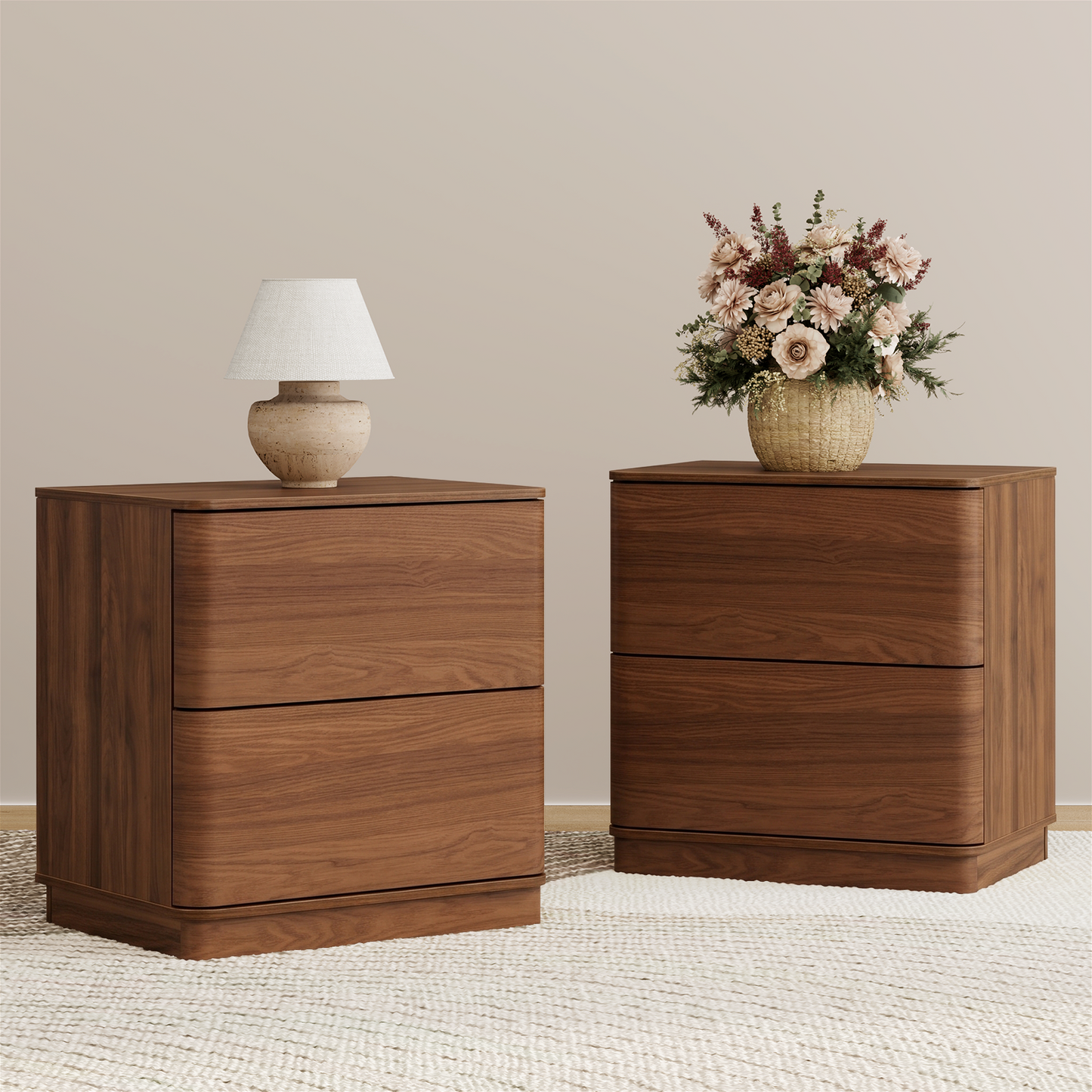 Brafabhome Wood Nightstands with 2 Drawers, Curved Profile Night Stand with Push to Open Drawer, Modern Bedside Tables with Storage for Bedroom