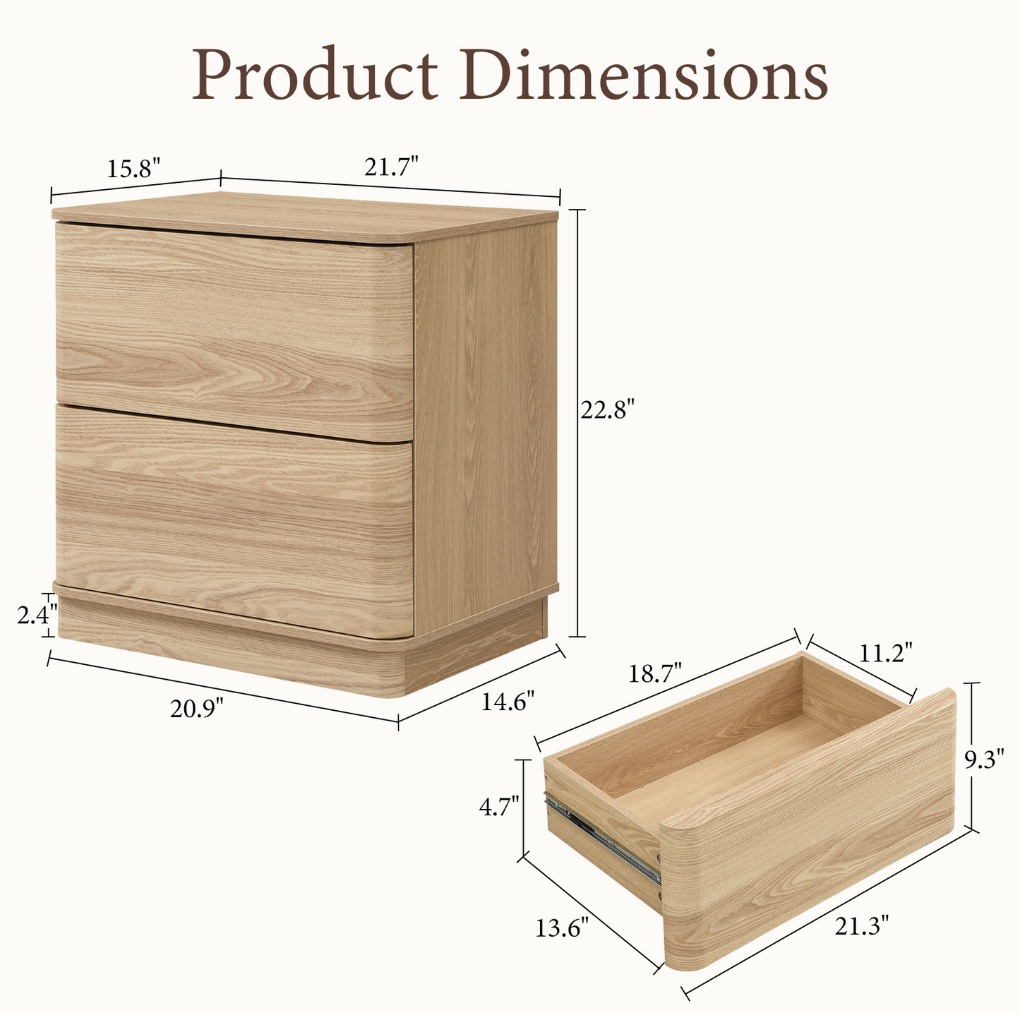 Brafabhome Wood Nightstands with 2 Drawers, Curved Profile Night Stand with Push to Open Drawer, Modern Bedside Tables with Storage for Bedroom