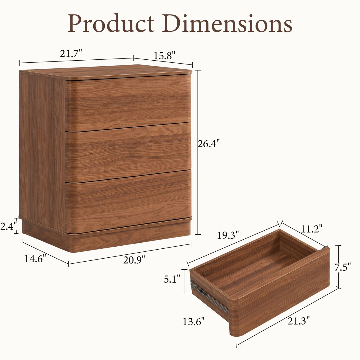 Brafabhome Wood Nightstands with 3 Drawers, Curved Profile Night Stand with Push to Open Drawer, Modern Bedside Tables with Storage for Bedroom