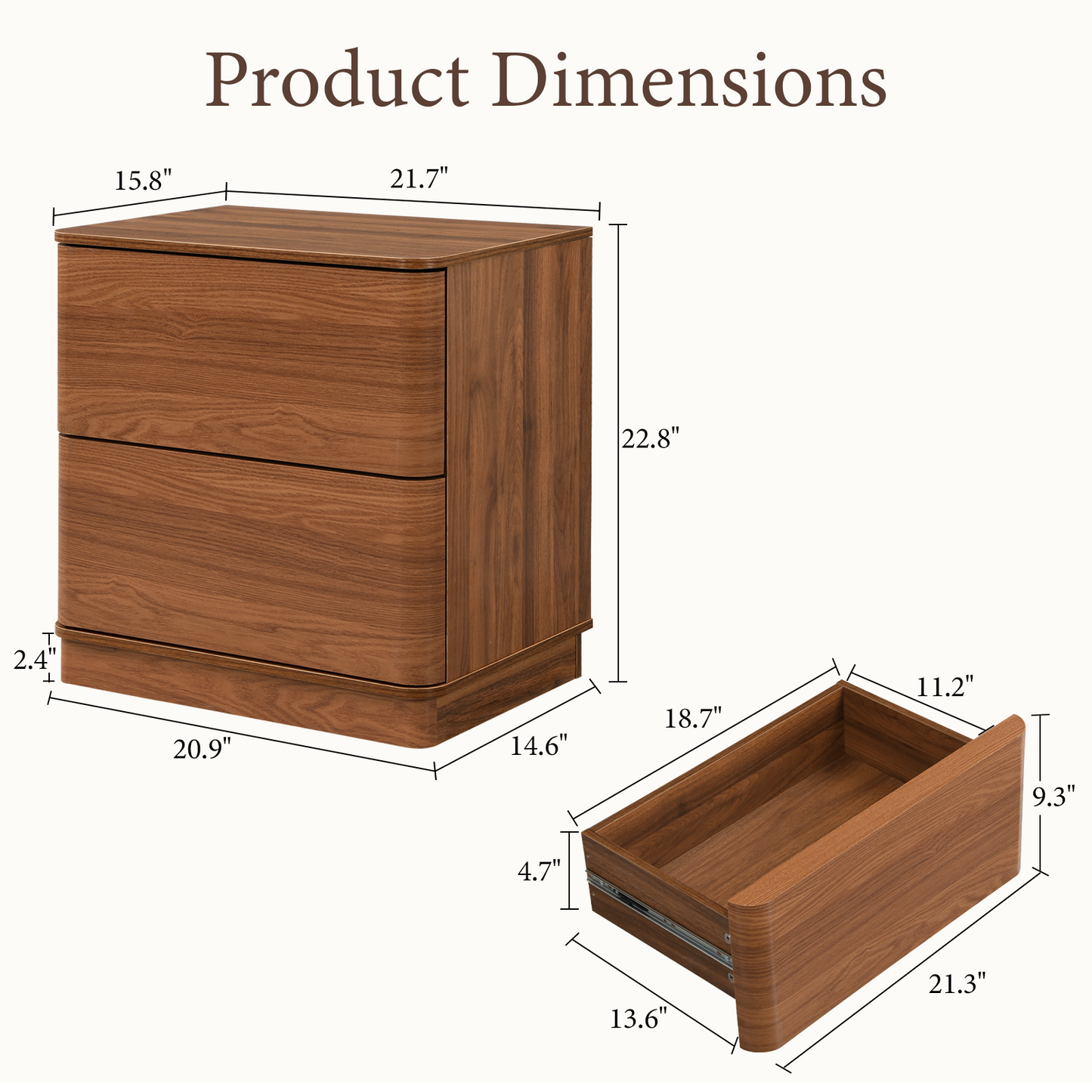Brafabhome Wood Nightstands with 2 Drawers, Curved Profile Night Stand with Push to Open Drawer, Modern Bedside Tables with Storage for Bedroom