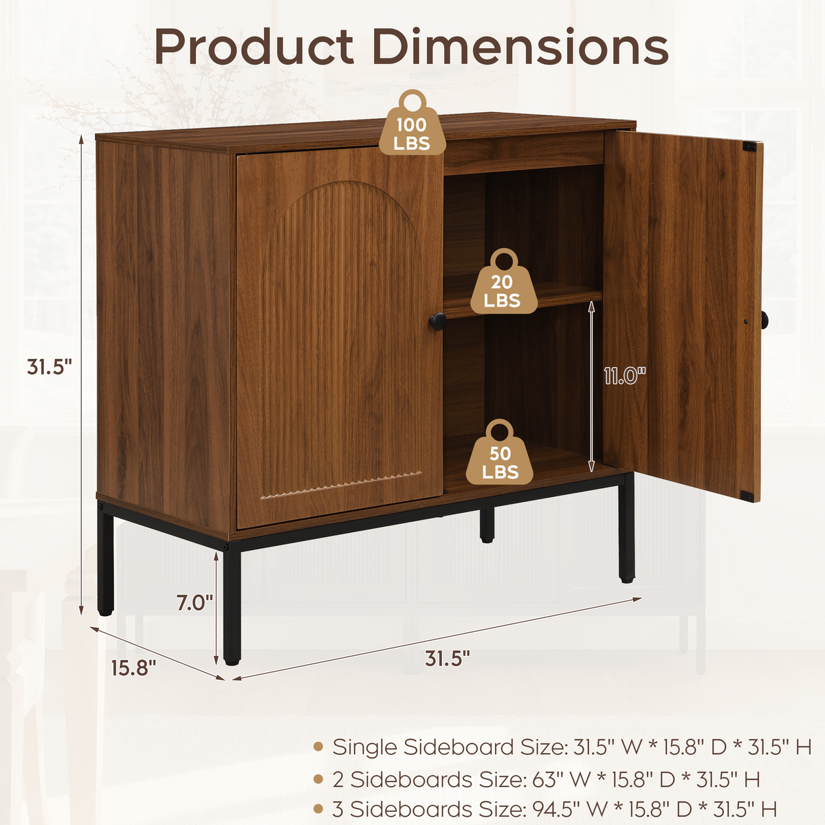 Brafabhome Modern Fluted Arched Buffet Cabinet with Storage, 31.5" Wide Wooden Modular Sideboard Cabinet with Adjustable footpads for Living Room Dining Room