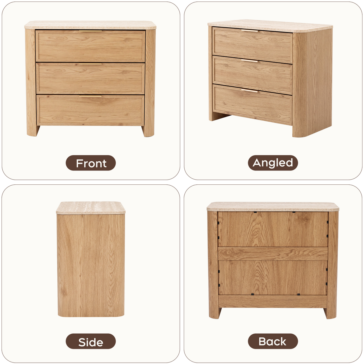 Brafabhome 23'' W Modern Nightstand with 3 Large Drawers, Elegant Marble Top Bedside Table with Soft Curved Edges, suitable for Bedroom or Living Room
