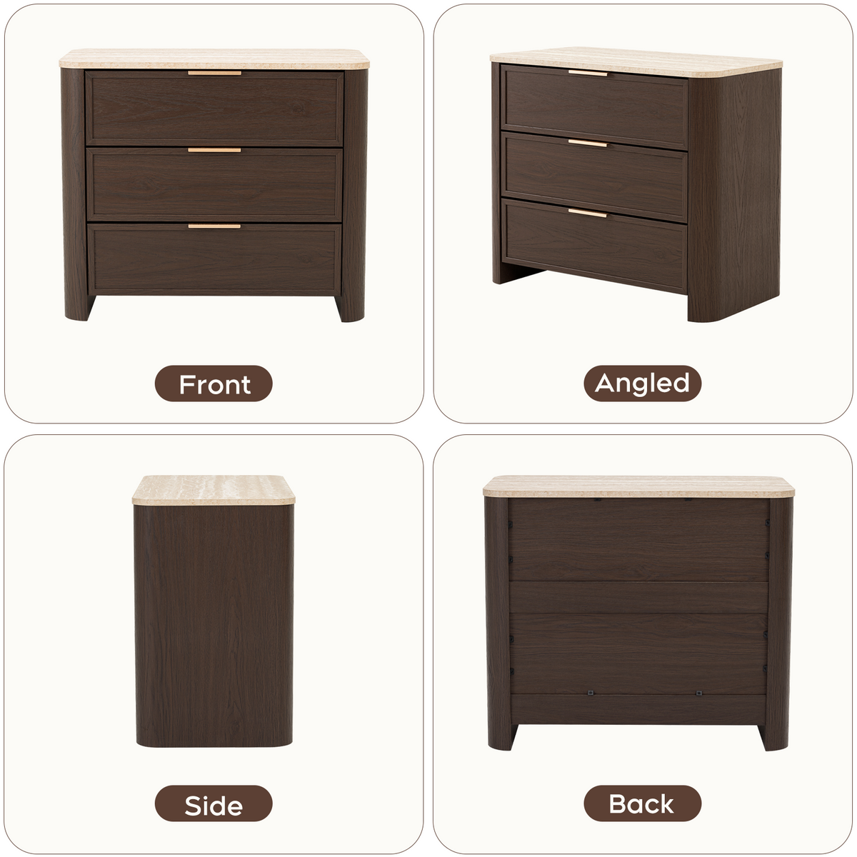 Brafabhome 23'' W Modern Nightstand with 3 Large Drawers, Elegant Marble Top Bedside Table with Soft Curved Edges, suitable for Bedroom or Living Room