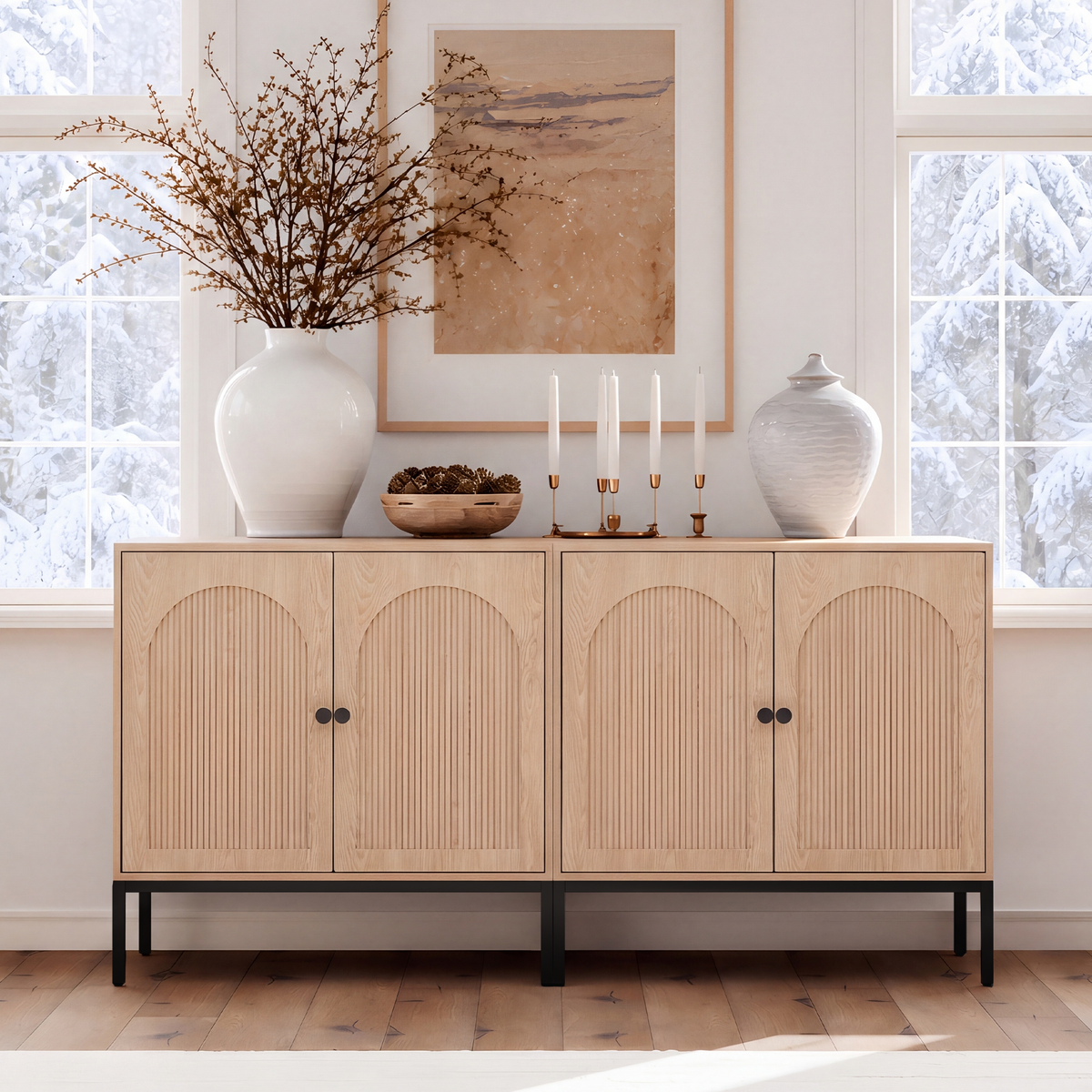 Brafabhome Modern Fluted Arched Buffet Cabinet with Storage, 31.5" Wide Wooden Modular Sideboard Cabinet with Adjustable footpads for Living Room Dining Room
