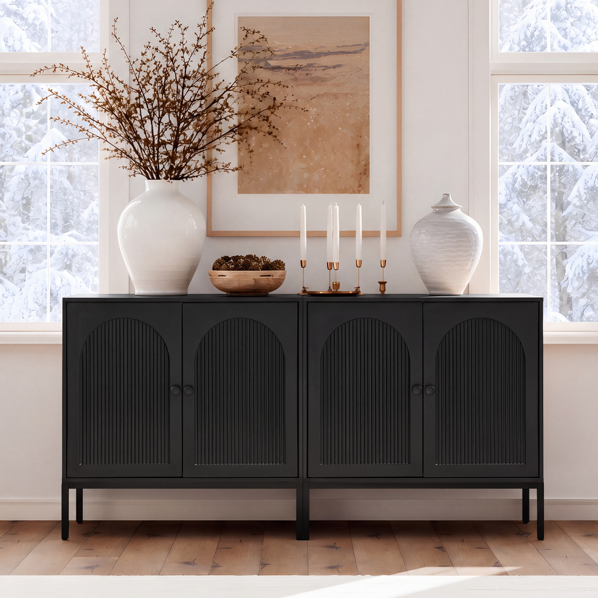 Brafabhome Modern Fluted Arched Buffet Cabinet with Storage, 31.5" Wide Wooden Modular Sideboard Cabinet with Adjustable footpads for Living Room Dining Room