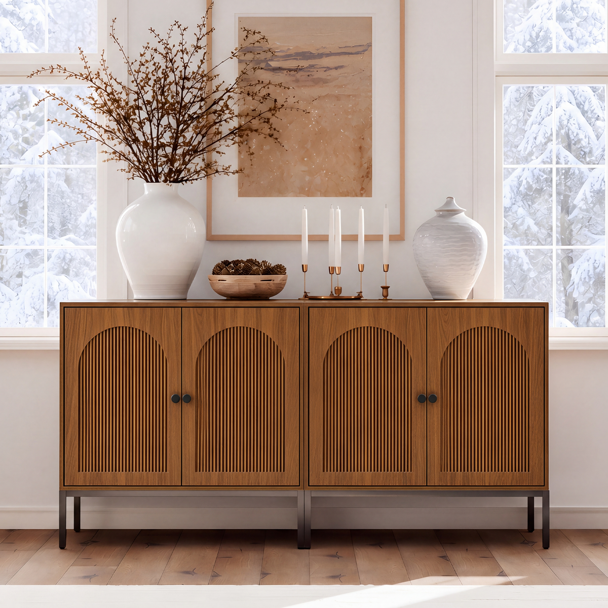 Brafabhome Modern Fluted Arched Buffet Cabinet with Storage, 31.5" Wide Wooden Modular Sideboard Cabinet with Adjustable footpads for Living Room Dining Room