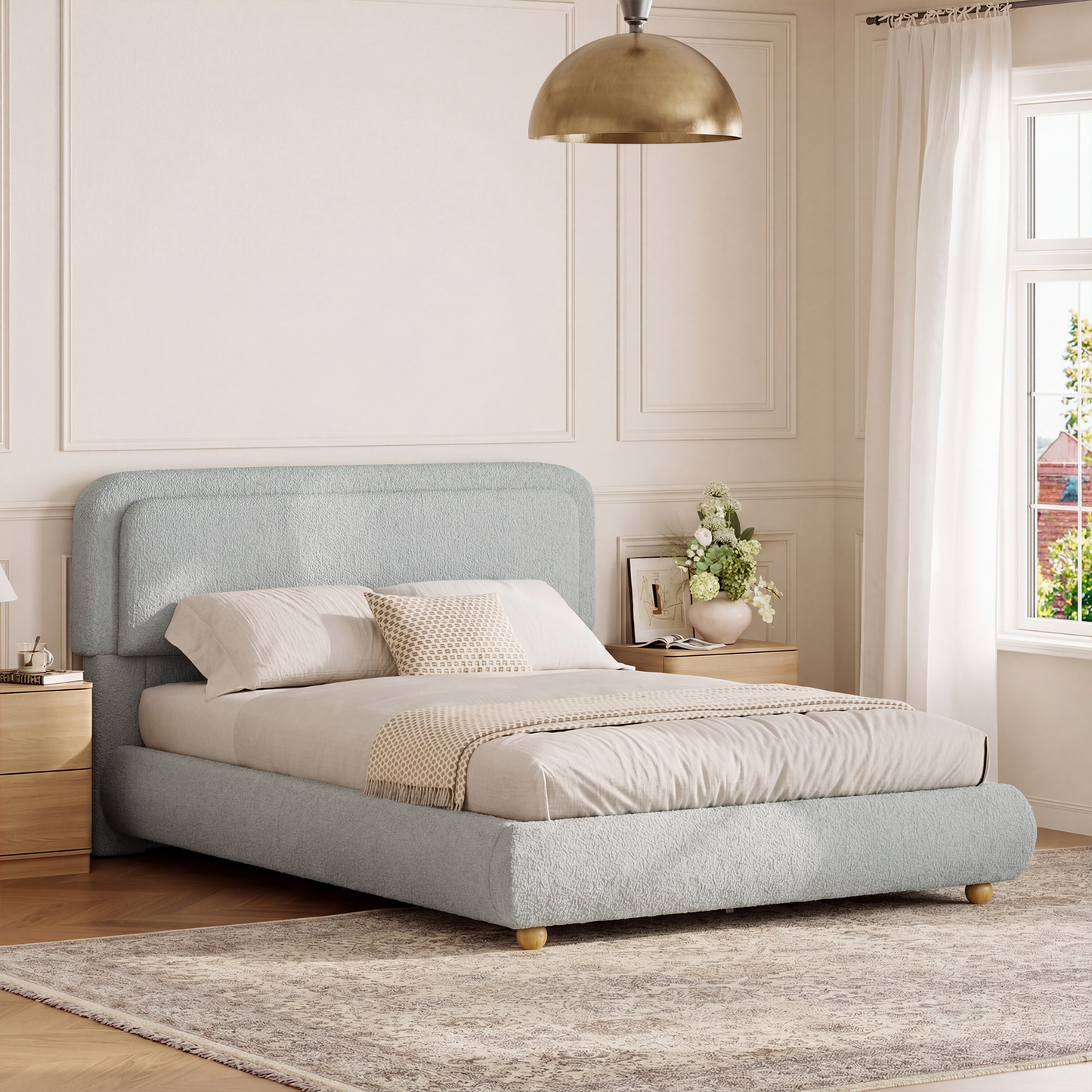 Brafabhome Bed Frame with Round Corner Headboard, Soft Boucle Cloud Upholstered Fluffy Platform Bed with Bump-Proof Edge Footboard for Kids, No Box Spring Needed | Pink