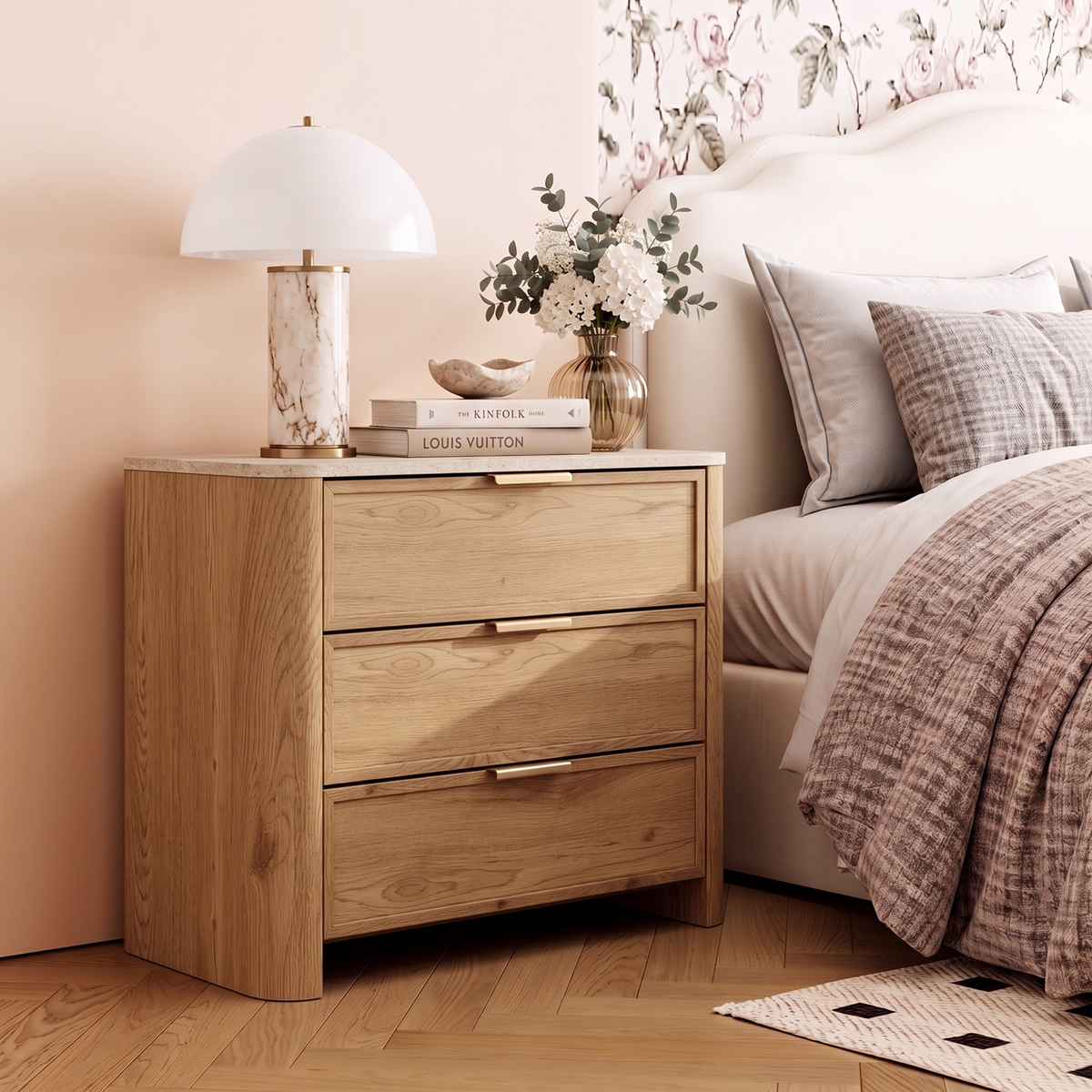Brafabhome 23'' W Modern Nightstand with 3 Large Drawers, Elegant Marble Top Bedside Table with Soft Curved Edges, suitable for Bedroom or Living Room