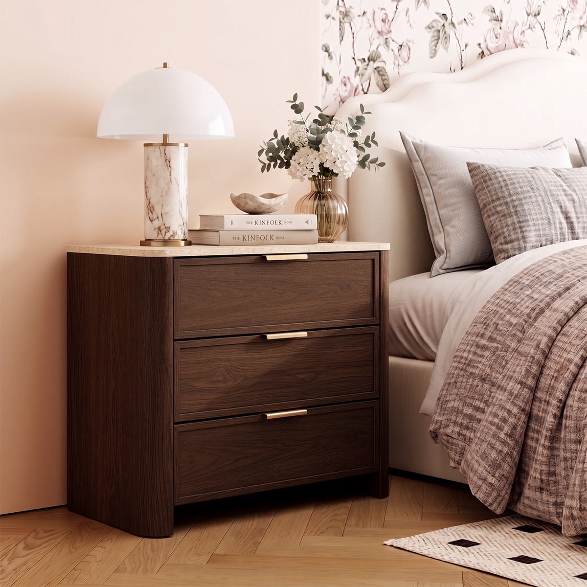 Brafabhome 23'' W Modern Nightstand with 3 Large Drawers, Elegant Marble Top Bedside Table with Soft Curved Edges, suitable for Bedroom or Living Room