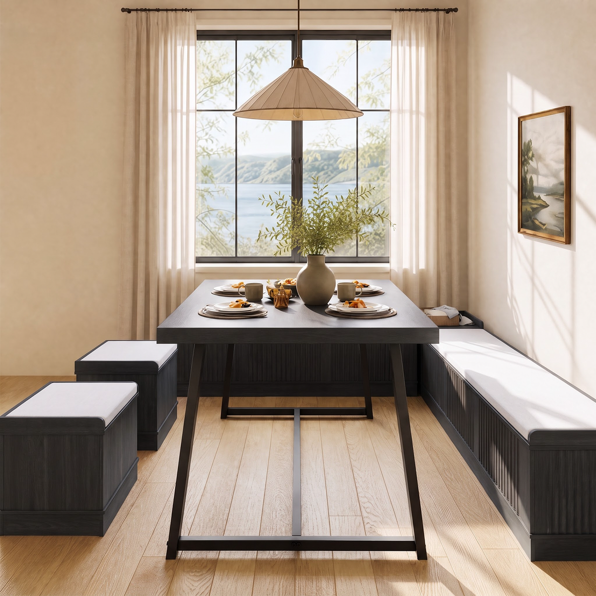 Brafabhome Corner Dining Table Set with Storage Bench, 6-Piece Breakfast Nook Table Set with Cushions Stool for Small Space Kitchen, Apartment & Dining Room