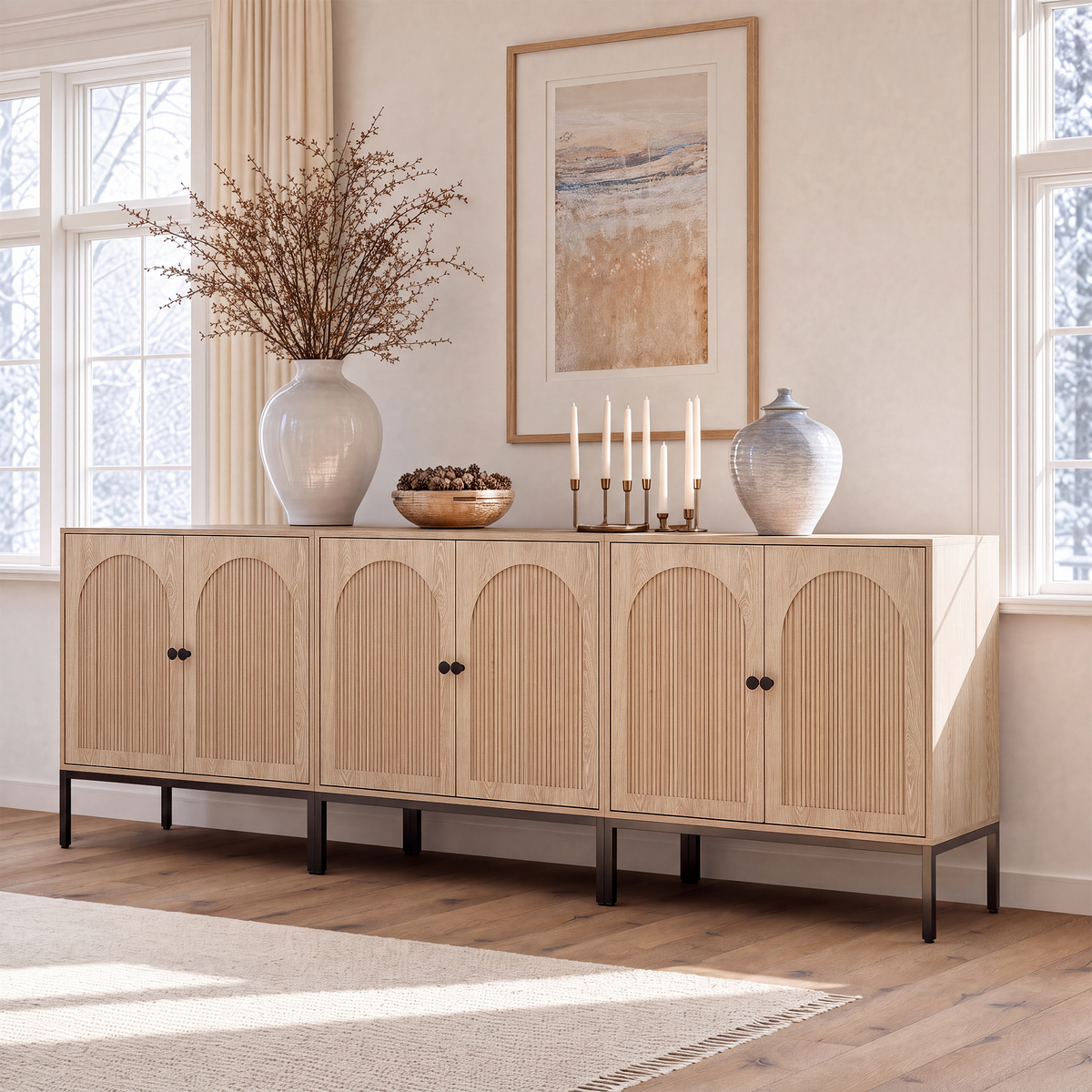 Brafabhome Modern Fluted Arched Buffet Cabinet with Storage, 31.5" Wide Wooden Modular Sideboard Cabinet with Adjustable footpads for Living Room Dining Room