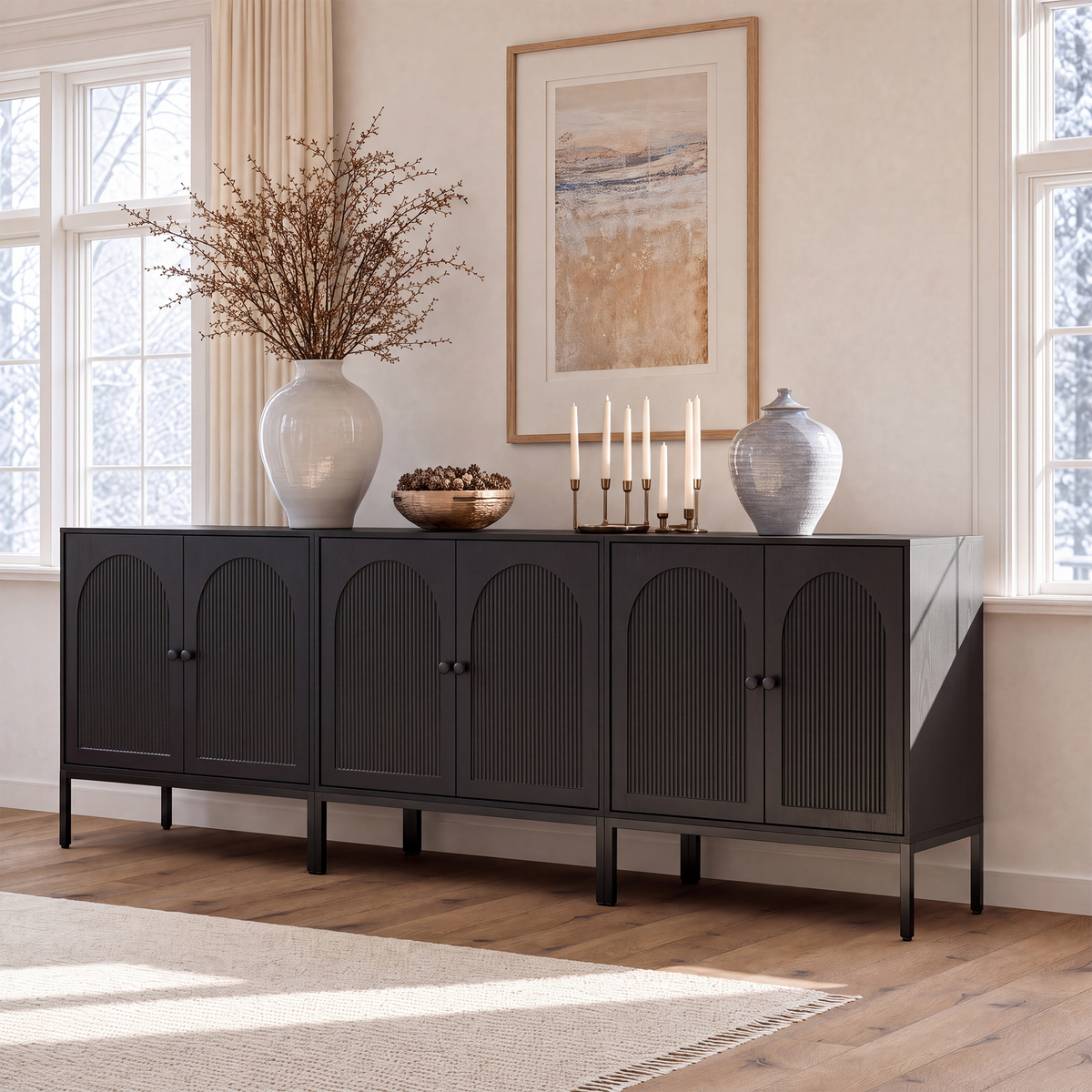 Brafabhome Modern Fluted Arched Buffet Cabinet with Storage, 31.5" Wide Wooden Modular Sideboard Cabinet with Adjustable footpads for Living Room Dining Room