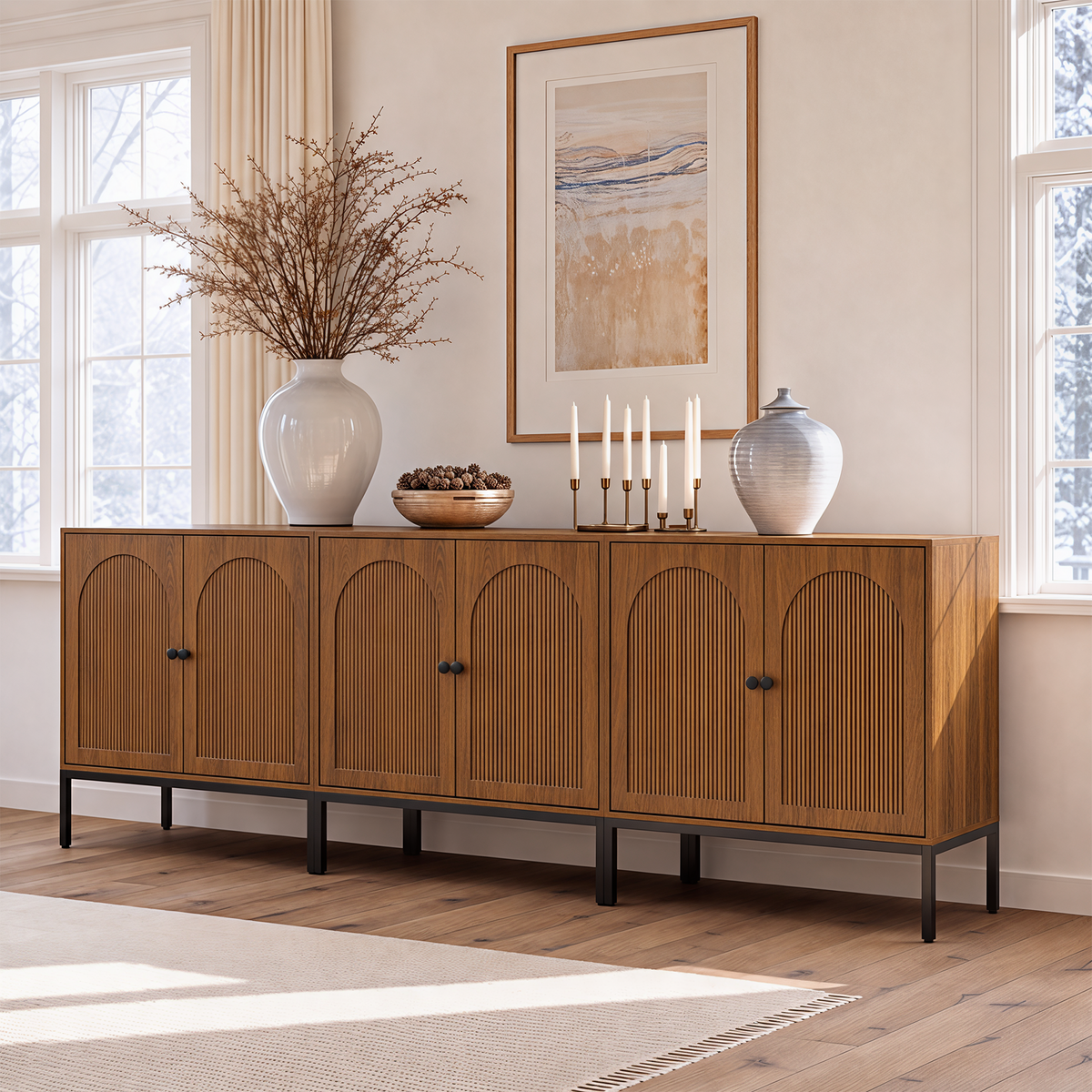 Brafabhome Modern Fluted Arched Buffet Cabinet with Storage, 31.5" Wide Wooden Modular Sideboard Cabinet with Adjustable footpads for Living Room Dining Room