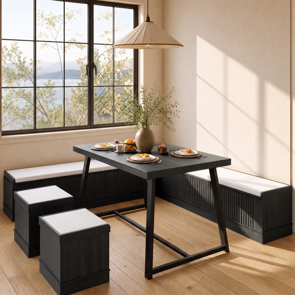 Brafabhome Corner Dining Table Set with Storage Bench, 6-Piece Breakfast Nook Table Set with Cushions Stool for Small Space Kitchen, Apartment & Dining Room