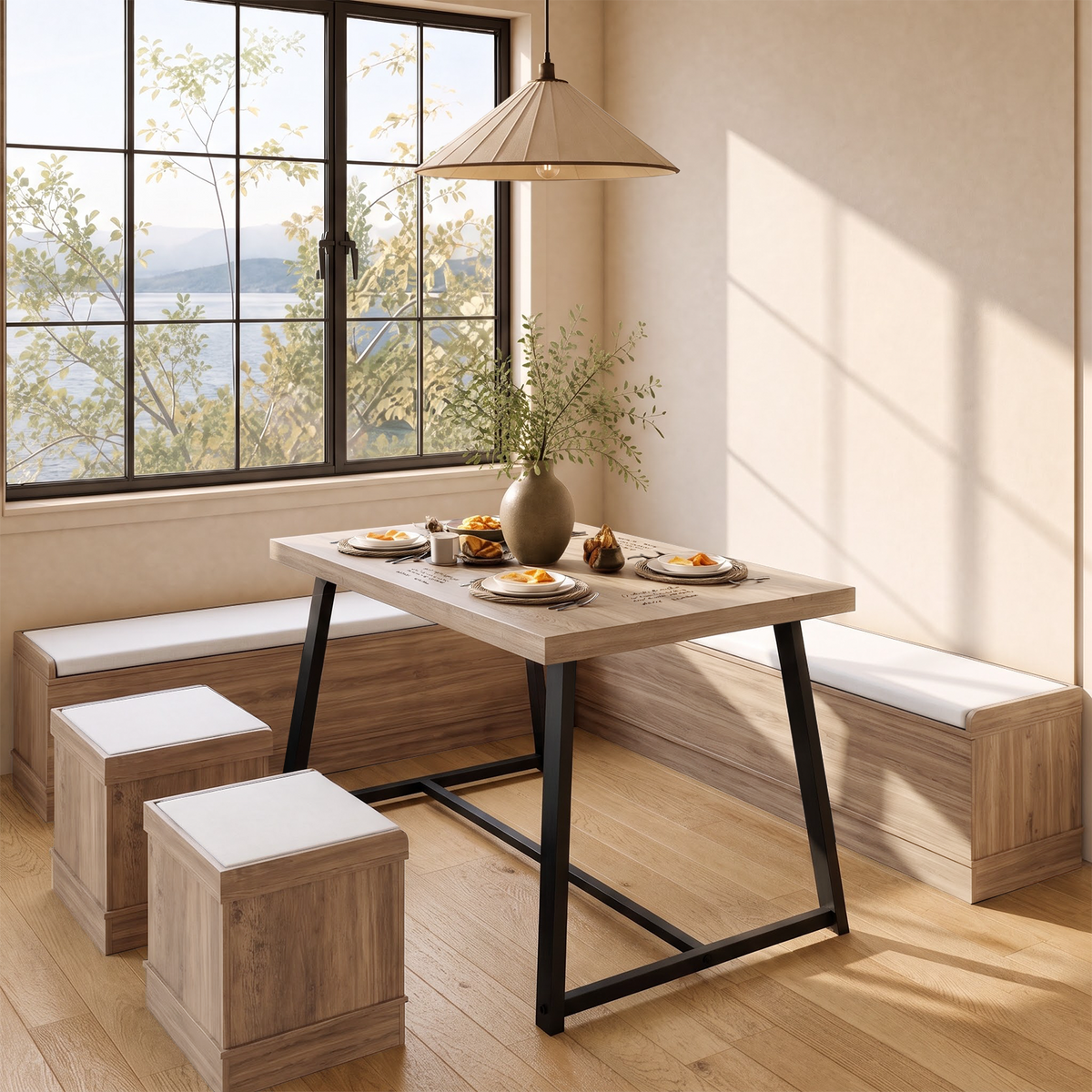 Brafabhome Corner Dining Table Set with Storage Bench, 6-Piece Breakfast Nook Table Set with Cushions Stool for Small Space Kitchen, Apartment & Dining Room