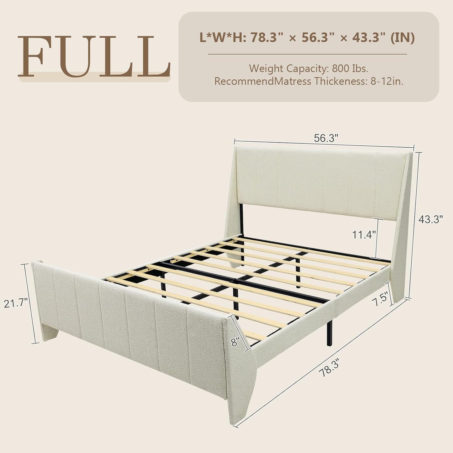 Brafabhome Beige Boucle Upholstered Bed Frame with Wingback Headboard, Modern Platform Bed with Wooden Slats, No Box Spring Needed, 800 lbs