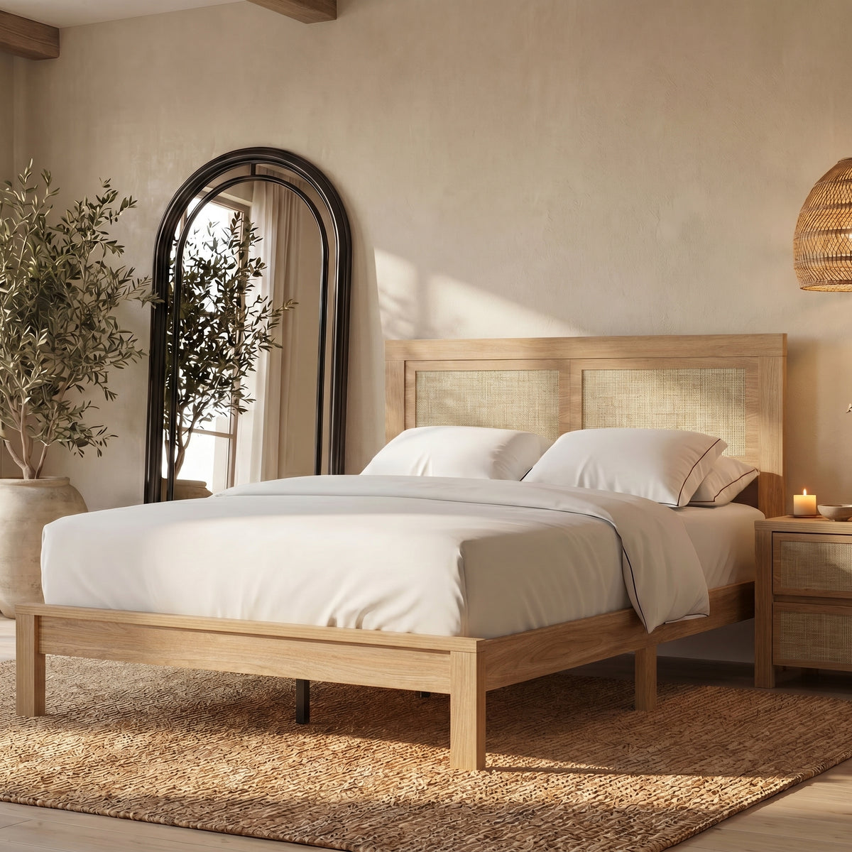 Brafabhome Bed Frame with Rattan Headboard, Wood Bed Frame Modern Platform Bed with Thicken Slats, No Box Spring Needed, 800lbs