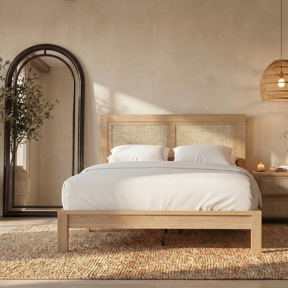 Brafabhome Bed Frame with Rattan Headboard, Wood Bed Frame Modern Platform Bed with Thicken Slats, No Box Spring Needed, 800lbs