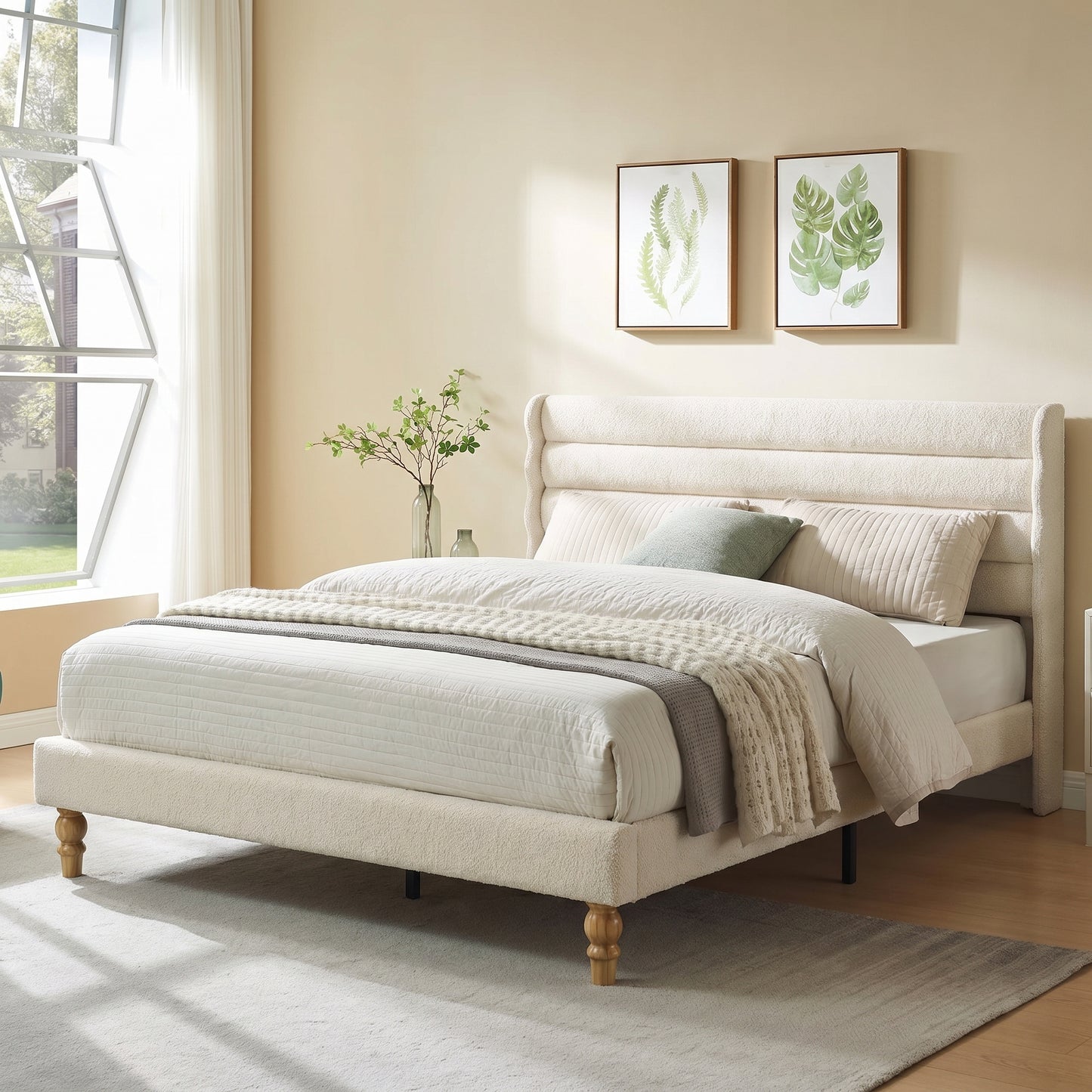 Brafabhome Cloud Bed Frame, Boucle Upholstered Bed Frame with 50" Tall Headboard, Modern Platform Bed Frame with Solid Wood Legs, No Spring Box Needed, 800 LBS | Beige
