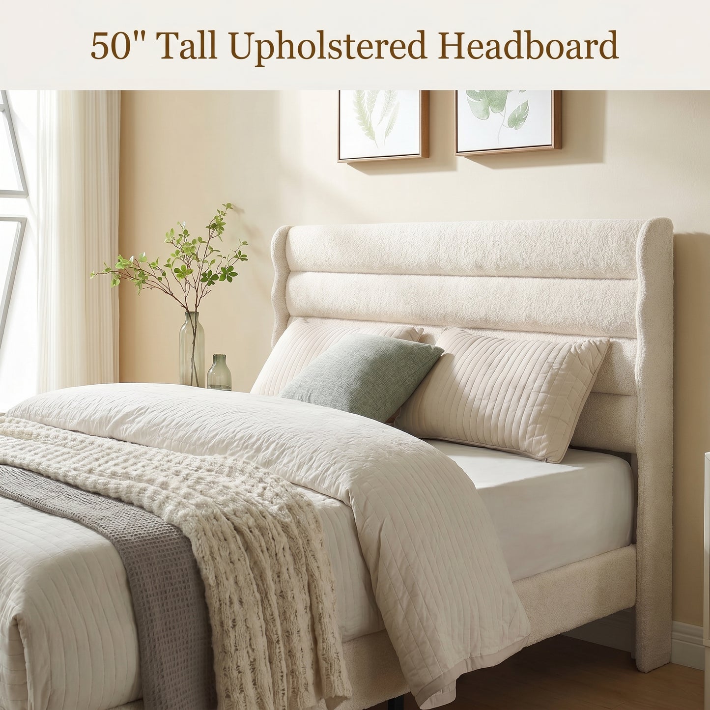 Brafabhome Cloud Bed Frame, Boucle Upholstered Bed Frame with 50" Tall Headboard, Modern Platform Bed Frame with Solid Wood Legs, No Spring Box Needed, 800 LBS | Beige
