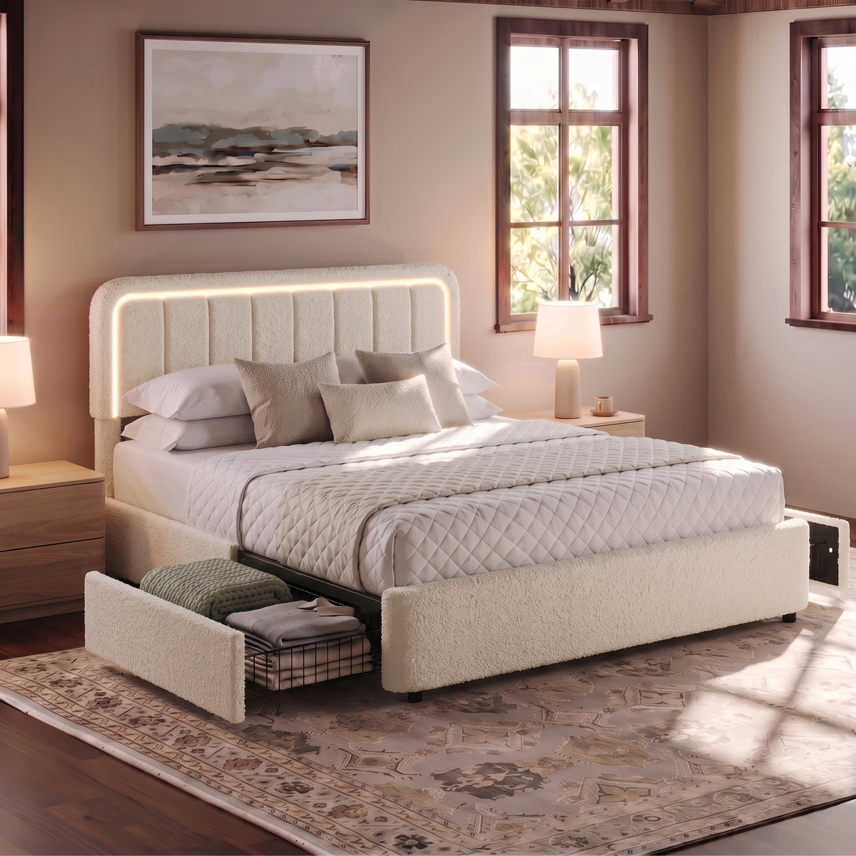 Brafabhome Cloud Bed Frame with Adjustable Height Headboard, Boucle Upholstered Bed Frame with LED Light, Modern Platform Bed with 4 Storage Drawers, No Box Spring Needed, Beige