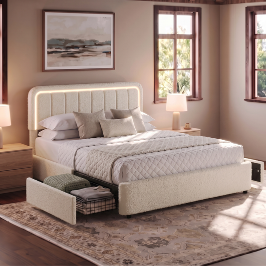 Brafabhome Cloud Bed Frame with Adjustable Height Headboard, Boucle Upholstered Bed Frame with LED Light, Modern Platform Bed with 4 Storage Drawers, No Box Spring Needed, Beige