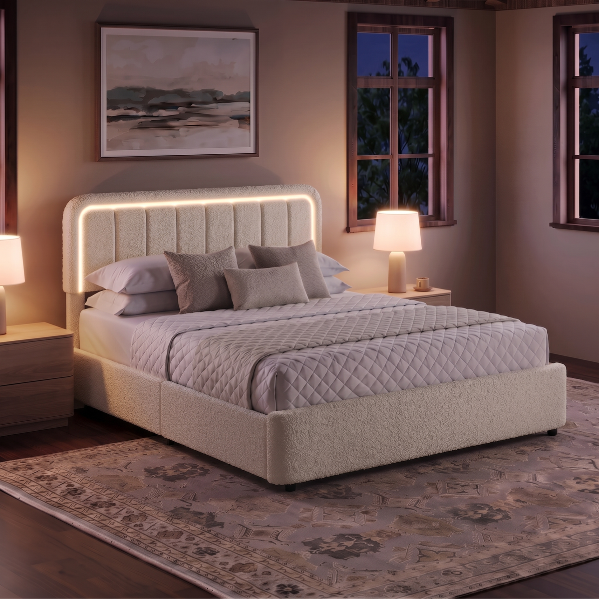 Brafabhome Cloud Bed Frame with Adjustable Height Headboard, Boucle Upholstered Bed Frame with LED Light, Modern Platform Bed with 4 Storage Drawers, No Box Spring Needed, Beige