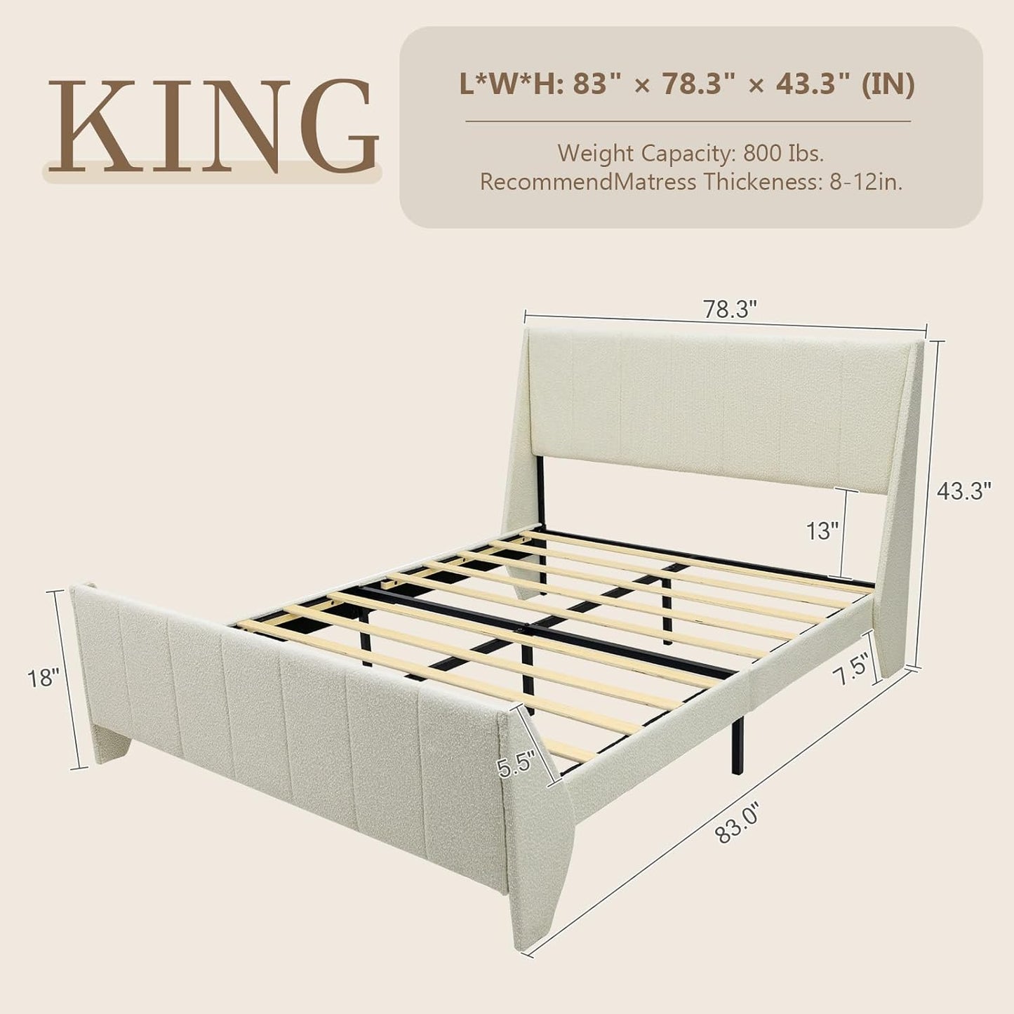 Brafabhome Beige Boucle Upholstered Bed Frame with Wingback Headboard, Modern Platform Bed with Wooden Slats, No Box Spring Needed, 800 lbs
