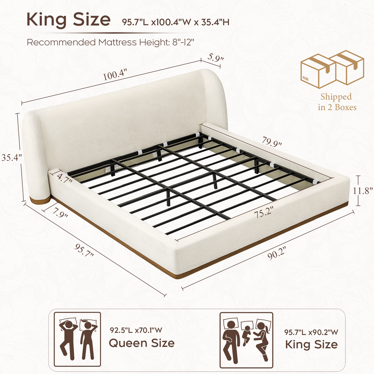 Brafabhome Cloud Bed Frame with Sculpted Wingback Headboard, Upholstered Platform Bed Frame with Wood-Grain Leather-Look Contrast, No Box Spring Needed, Easy Assembly