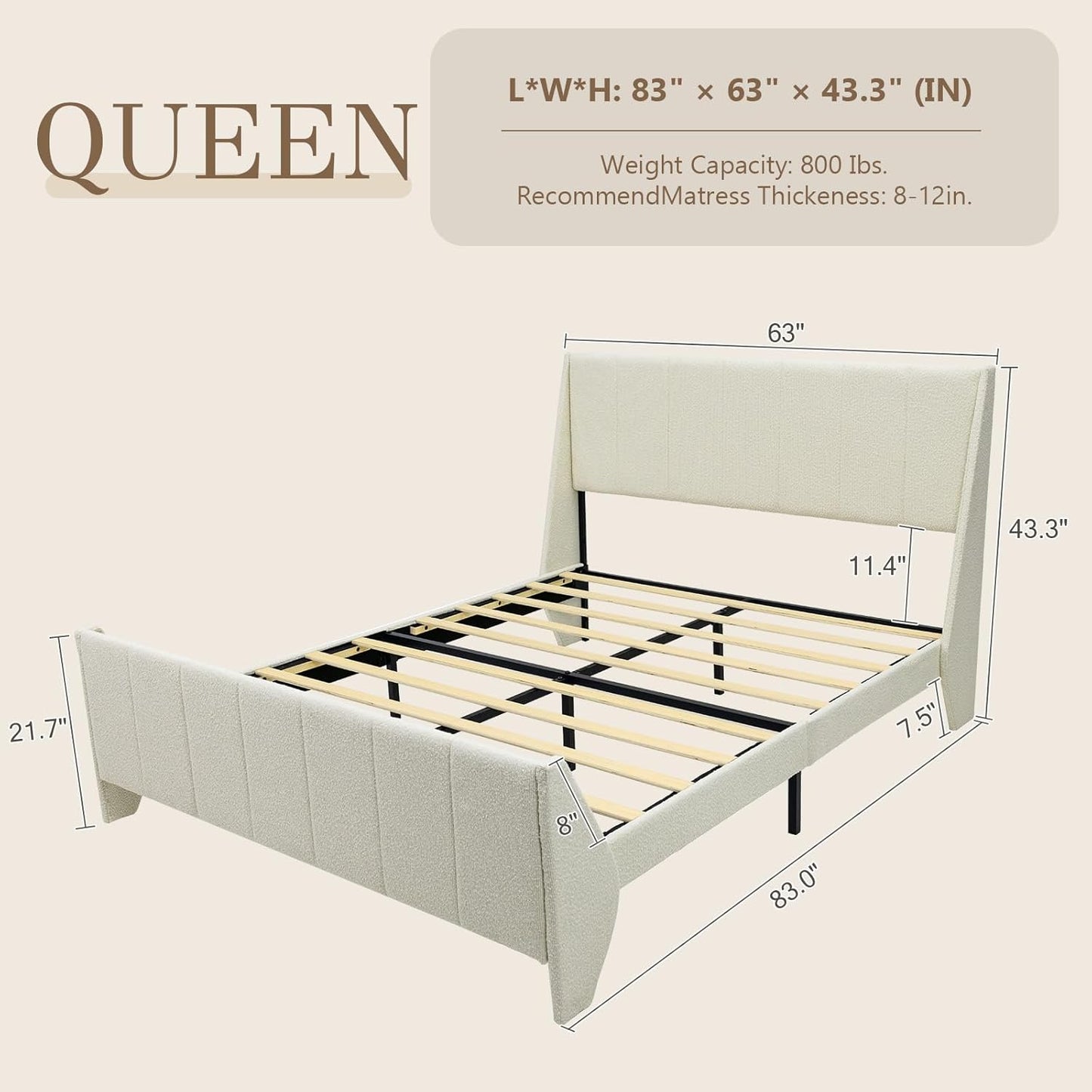 Brafabhome Beige Boucle Upholstered Bed Frame with Wingback Headboard, Modern Platform Bed with Wooden Slats, No Box Spring Needed, 800 lbs