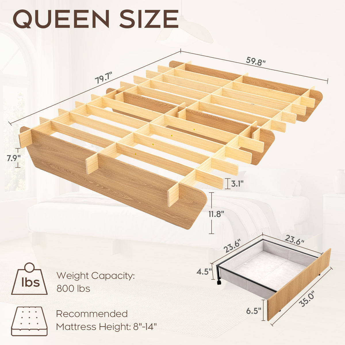 Brafabhome Brich Plywood Bed Frame with Storage Drawers, Modern Joinery Wood Platform with Solid Wood Slat Support, No Box Spring Needed, No-Tool Assembly