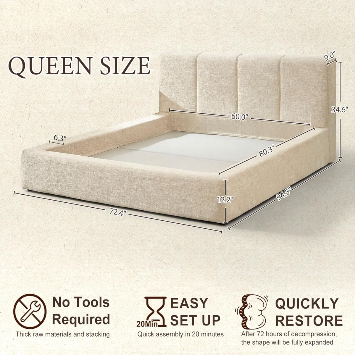 Brafabhome Cloud Queen Bed Frame with Upholstered Headboard, Modern Platform Bed with 6.3" Thick Fully Padded, No Box Spring Needed, Tool-Free Assembly | Khaki